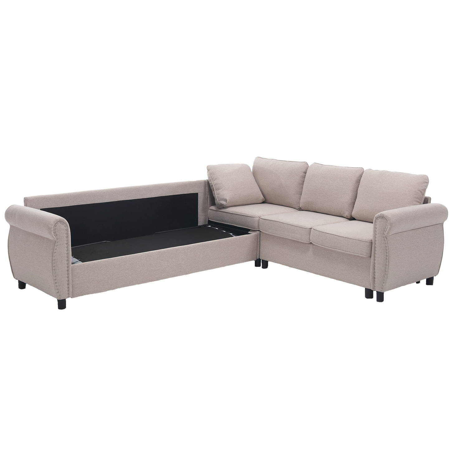 Beige linen sectional sofa with open storage compartment and decorative nailhead trim