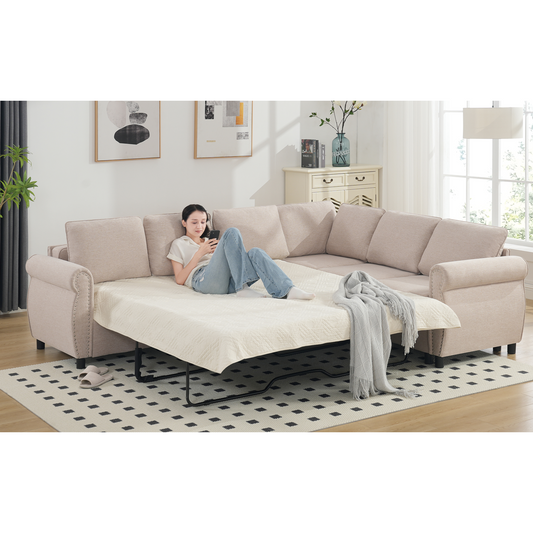 Beige sectional sofa bed with queen mattress extended for comfortable lounging with a woman