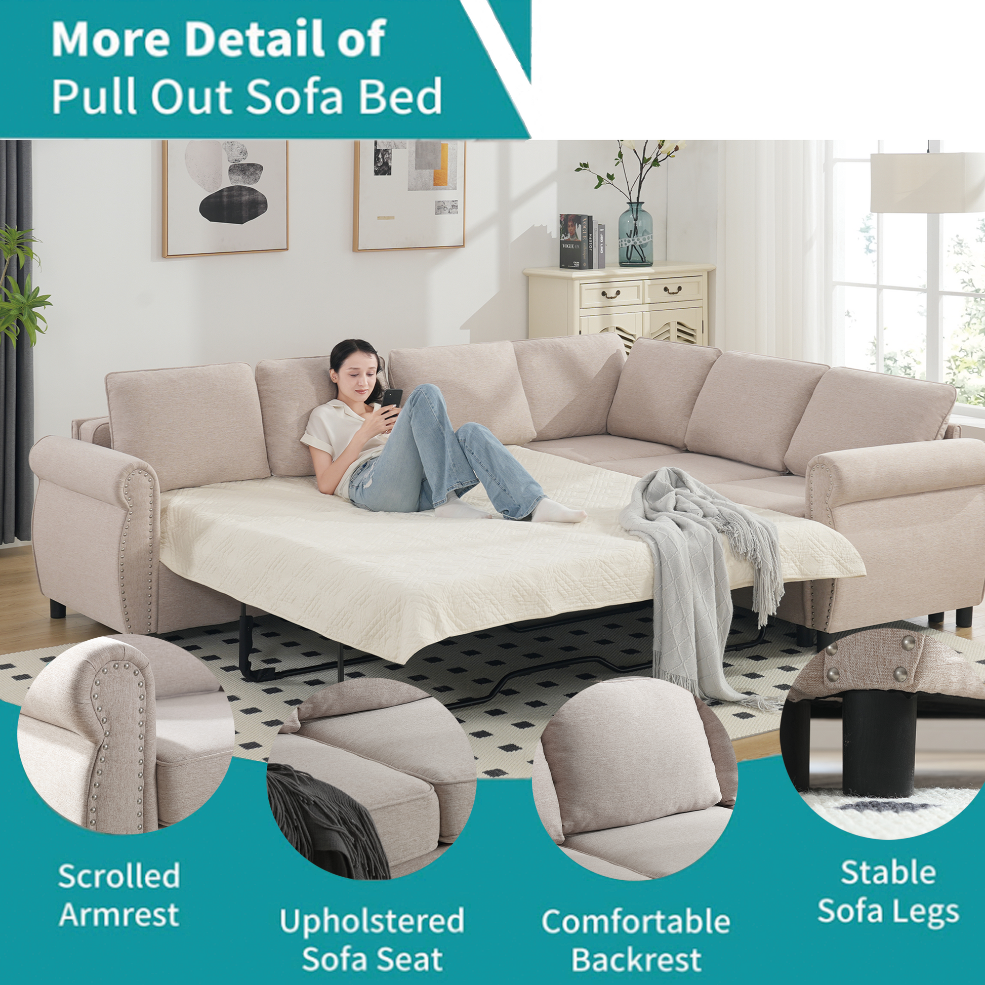 Beige pull out sofa bed with scrolled armrest detail convertible to a bed