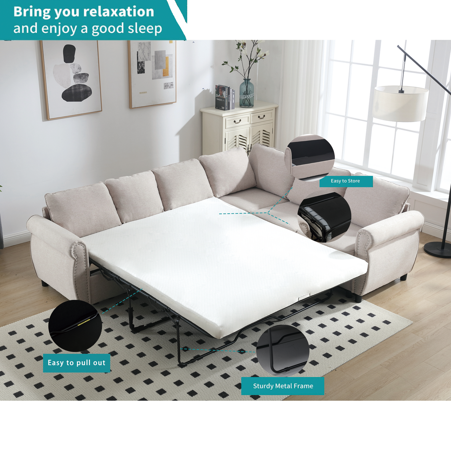 Beige sectional sofa bed with pullout mattress and storage compartments