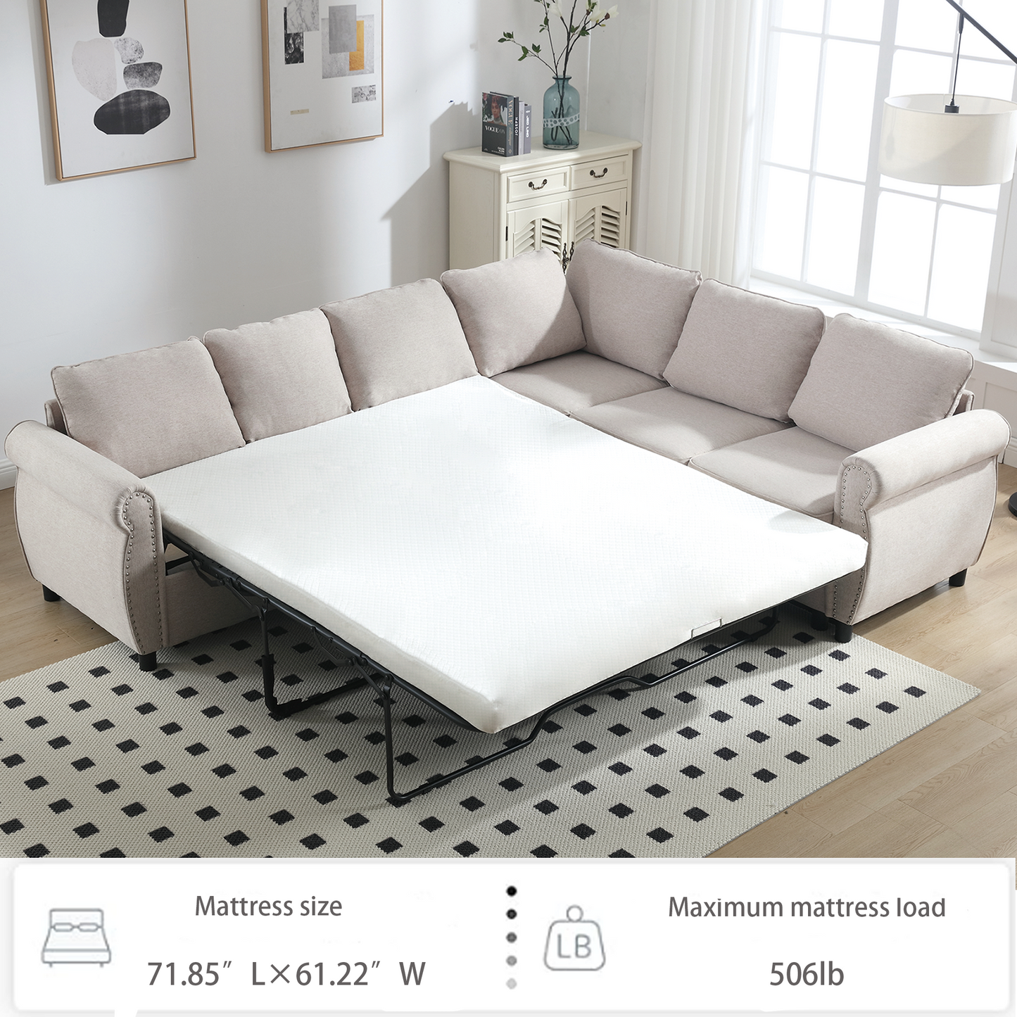 Beige linen sectional sofa bed with mattress pulled out for display