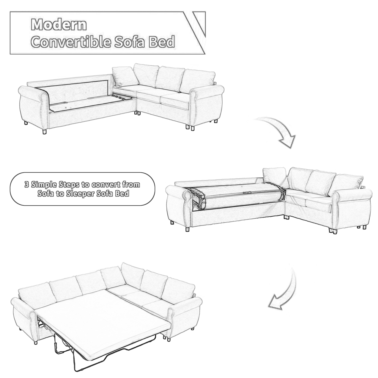 Sketch of a modern sectional sofa bed with its mattress extended showing a versatile furniture piece