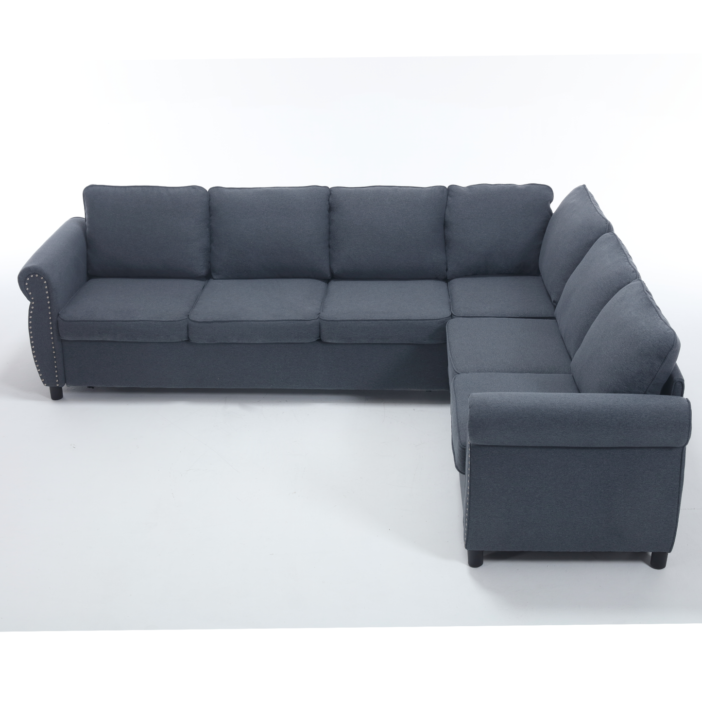 Dark gray fabric sectional sofa with studded detailing