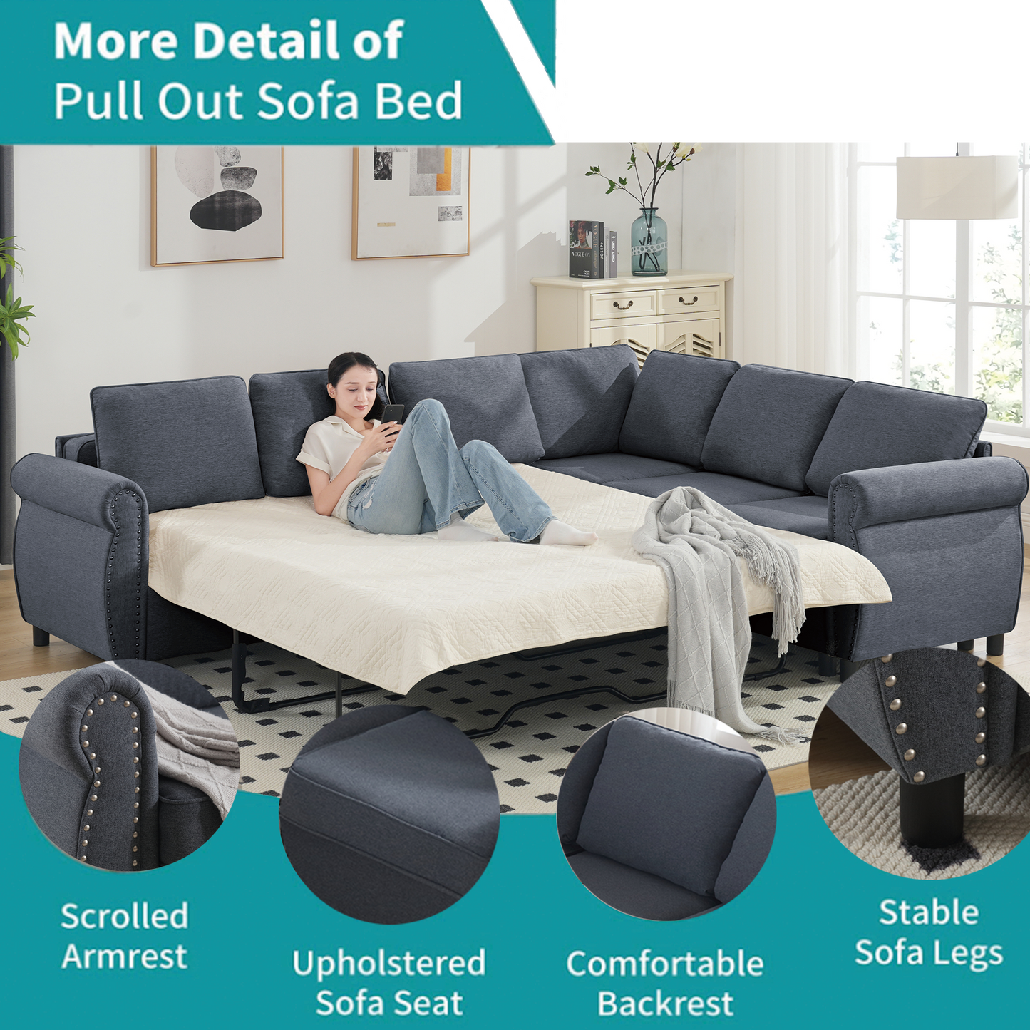 Dark gray pull out sofa bed with a woman relaxing on the unfolded mattress