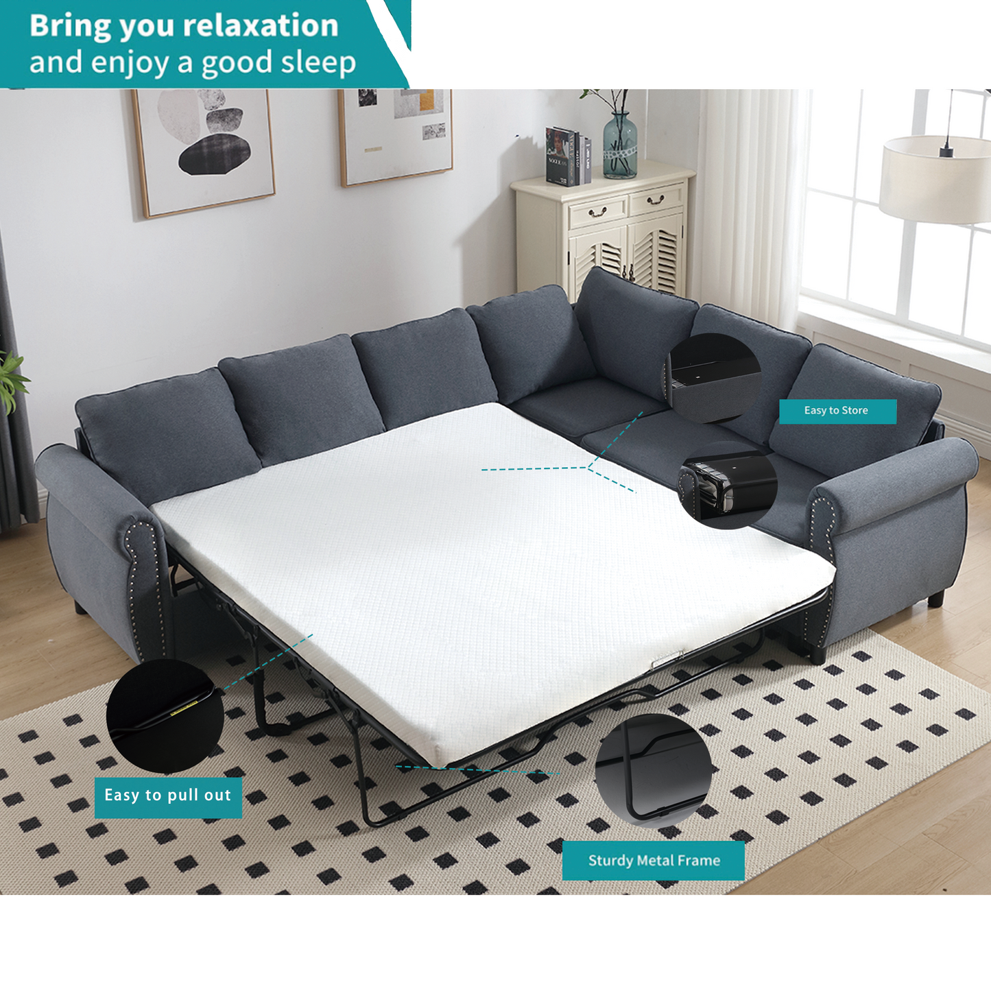 Dark gray sectional sofa bed with white mattress extended for sleeping
