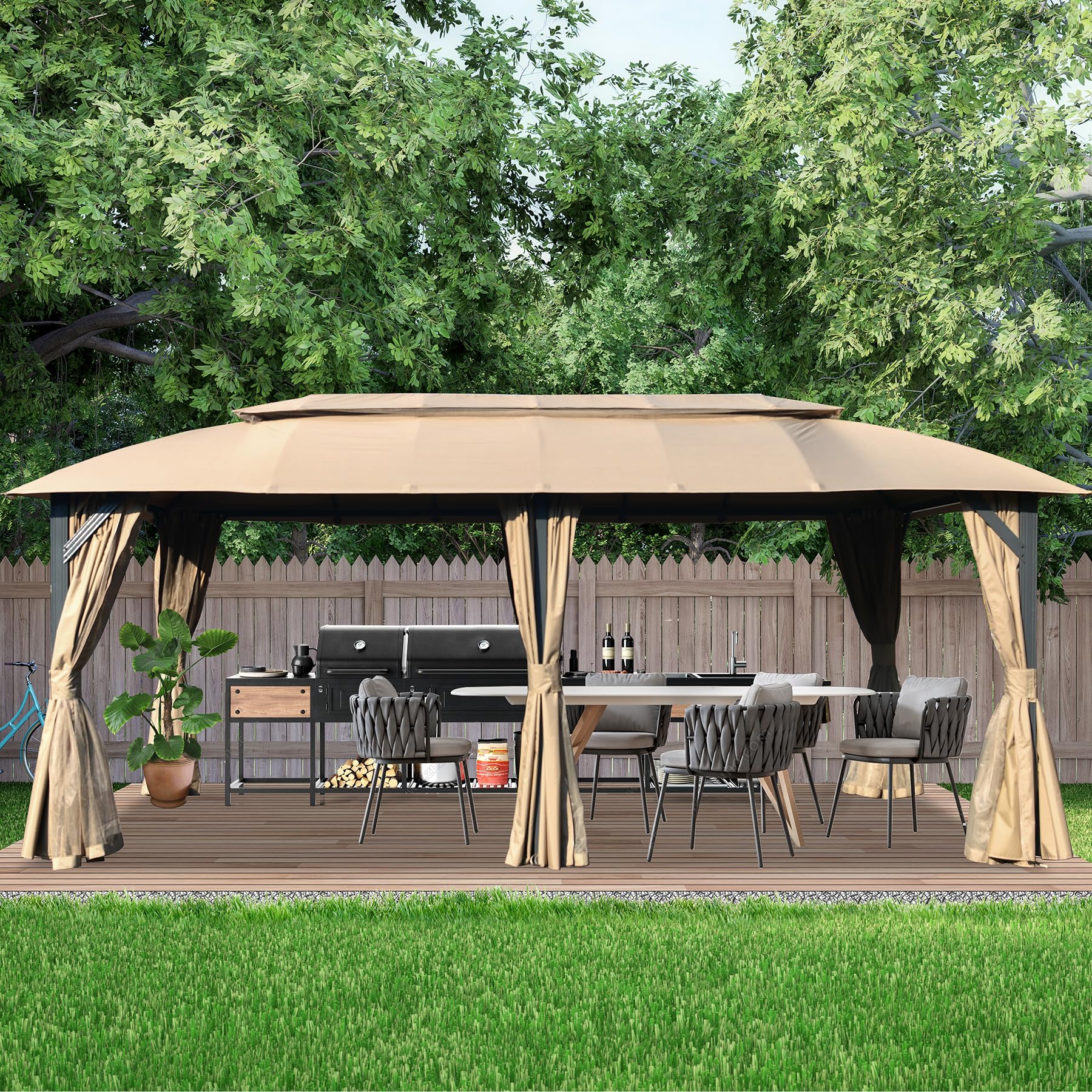 Tan outdoor gazebo with dining set and grill perfect for backyard entertaining
