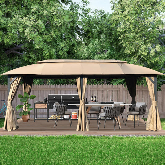 Tan outdoor gazebo with dining set and grill perfect for backyard entertaining