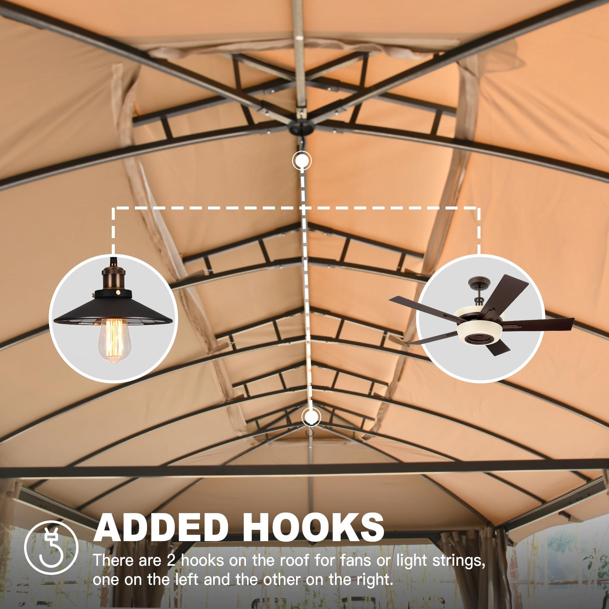 Black industrial pendant light with Edison bulb hanging from gazebo roof hook