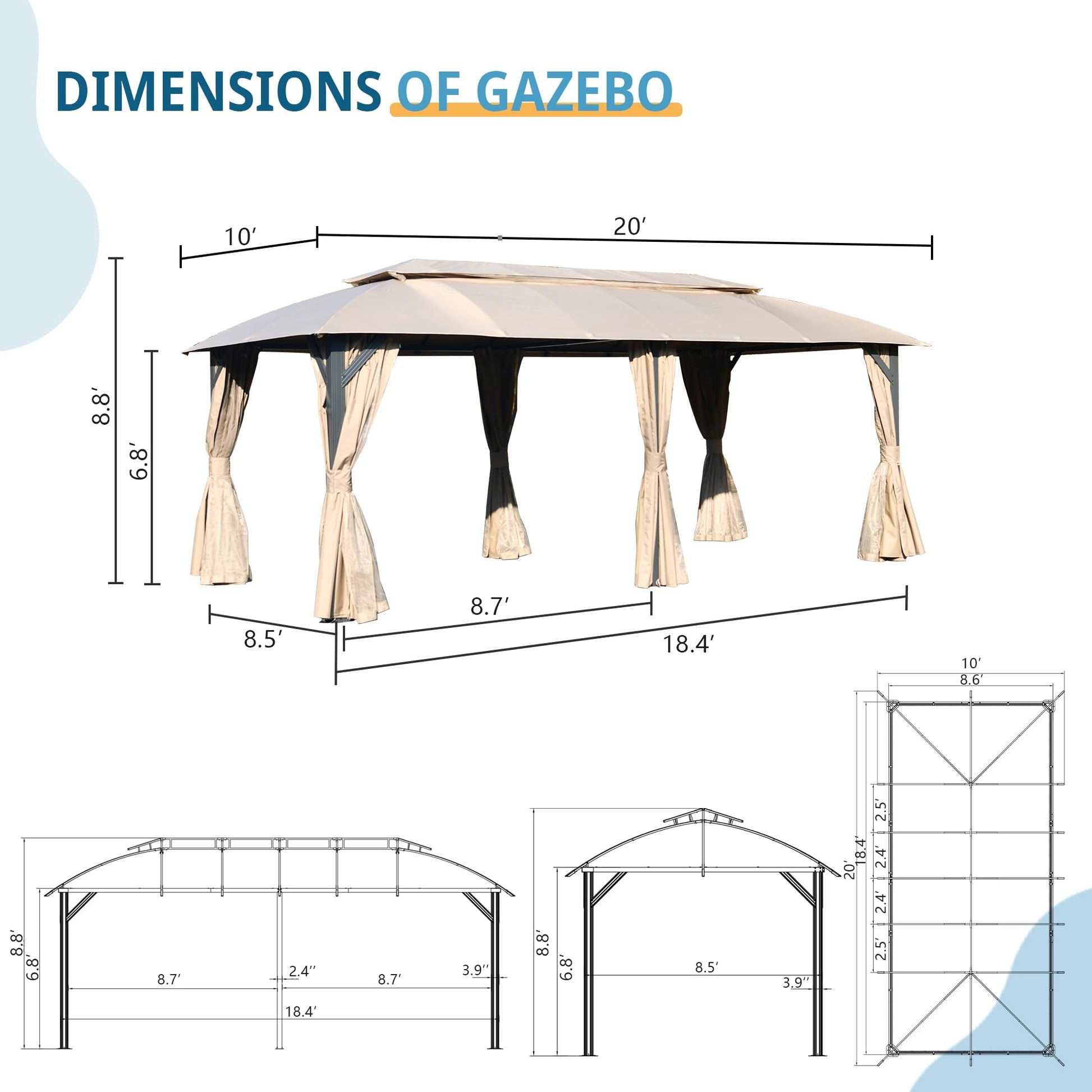 Diagram showing dimensions of a  x  beige gazebo with curtains  height