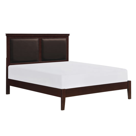 Dark brown wood bed frame with tufted headboard and white mattress