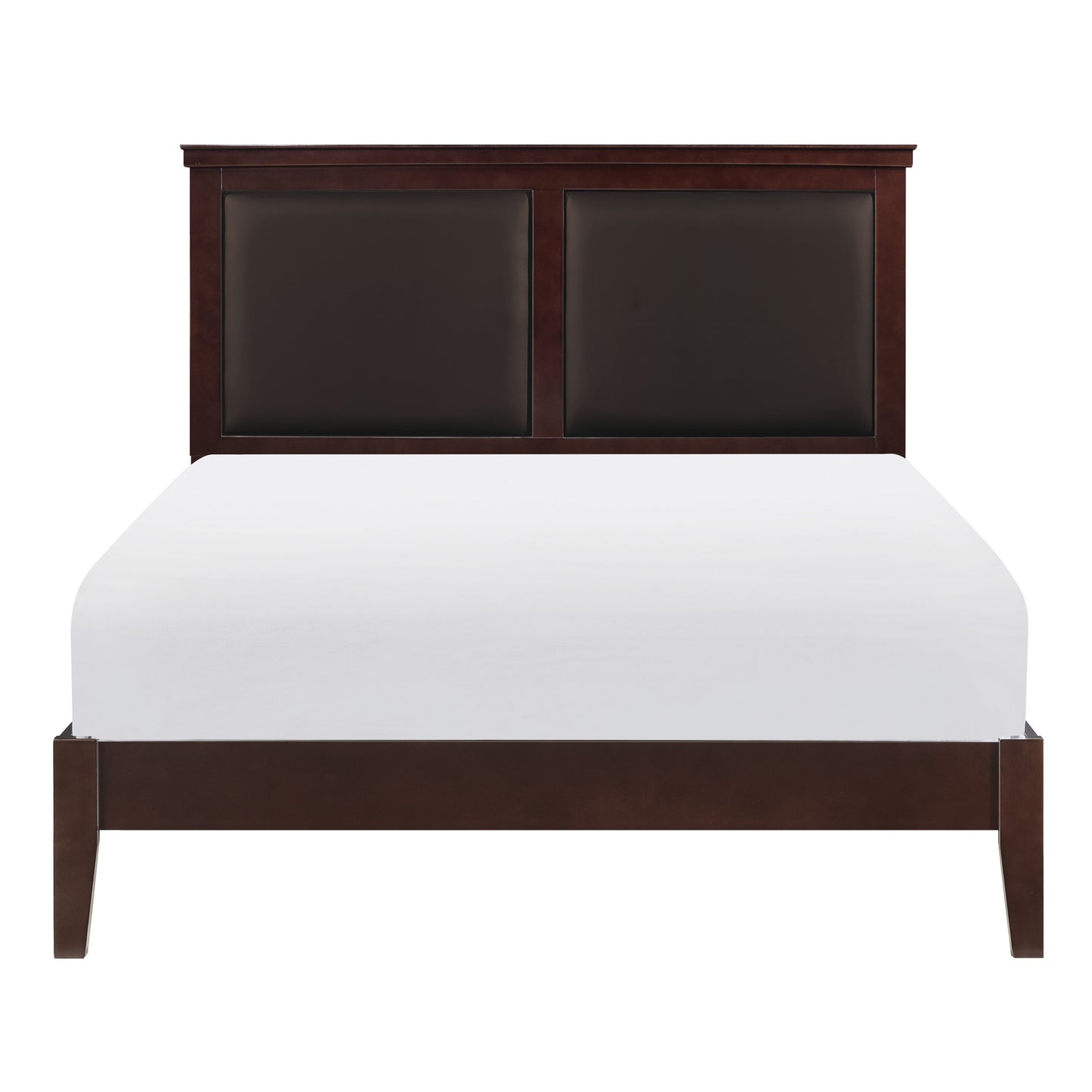 Dark brown wood frame bed with upholstered headboard and white mattress