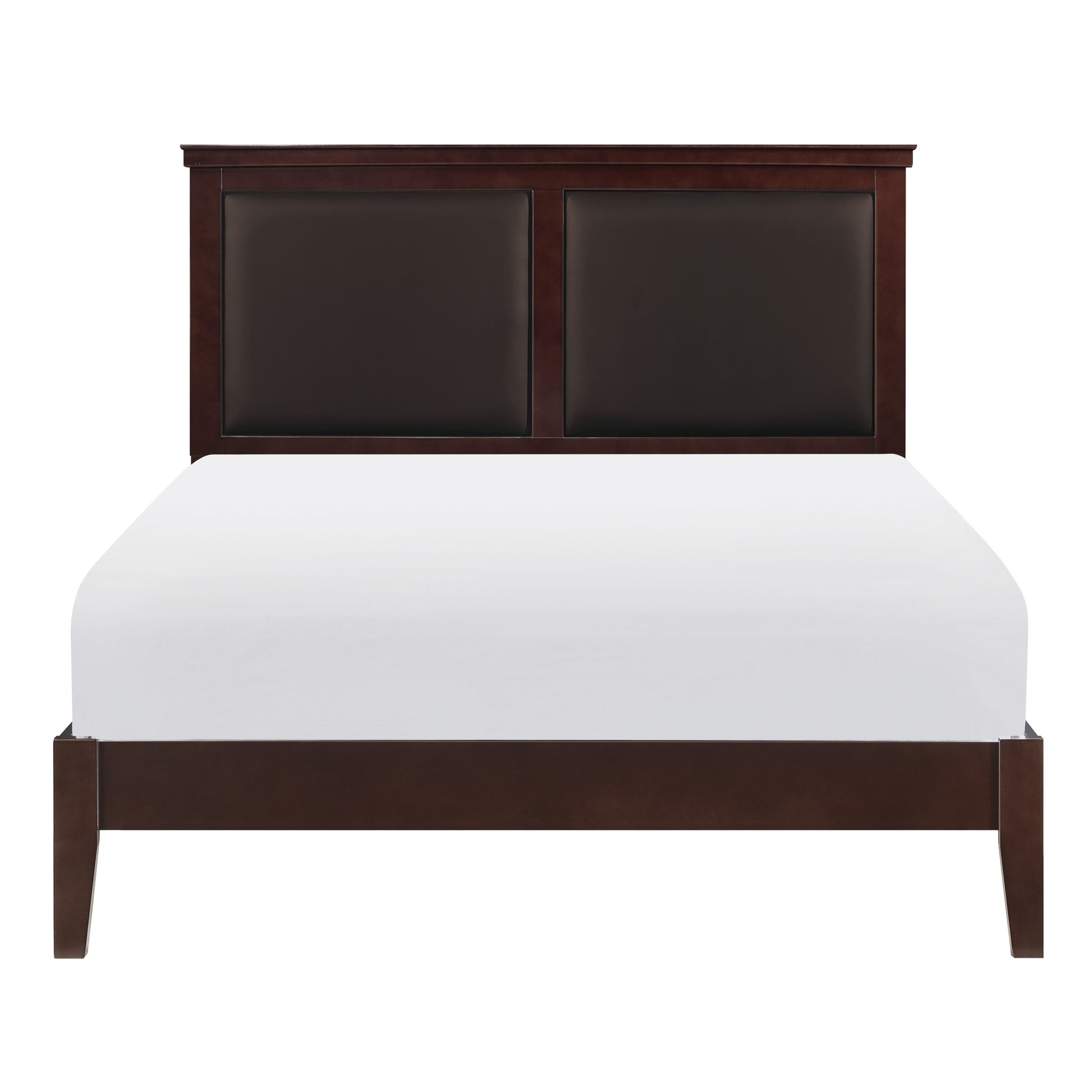 Dark brown wood frame bed with upholstered headboard and white mattress