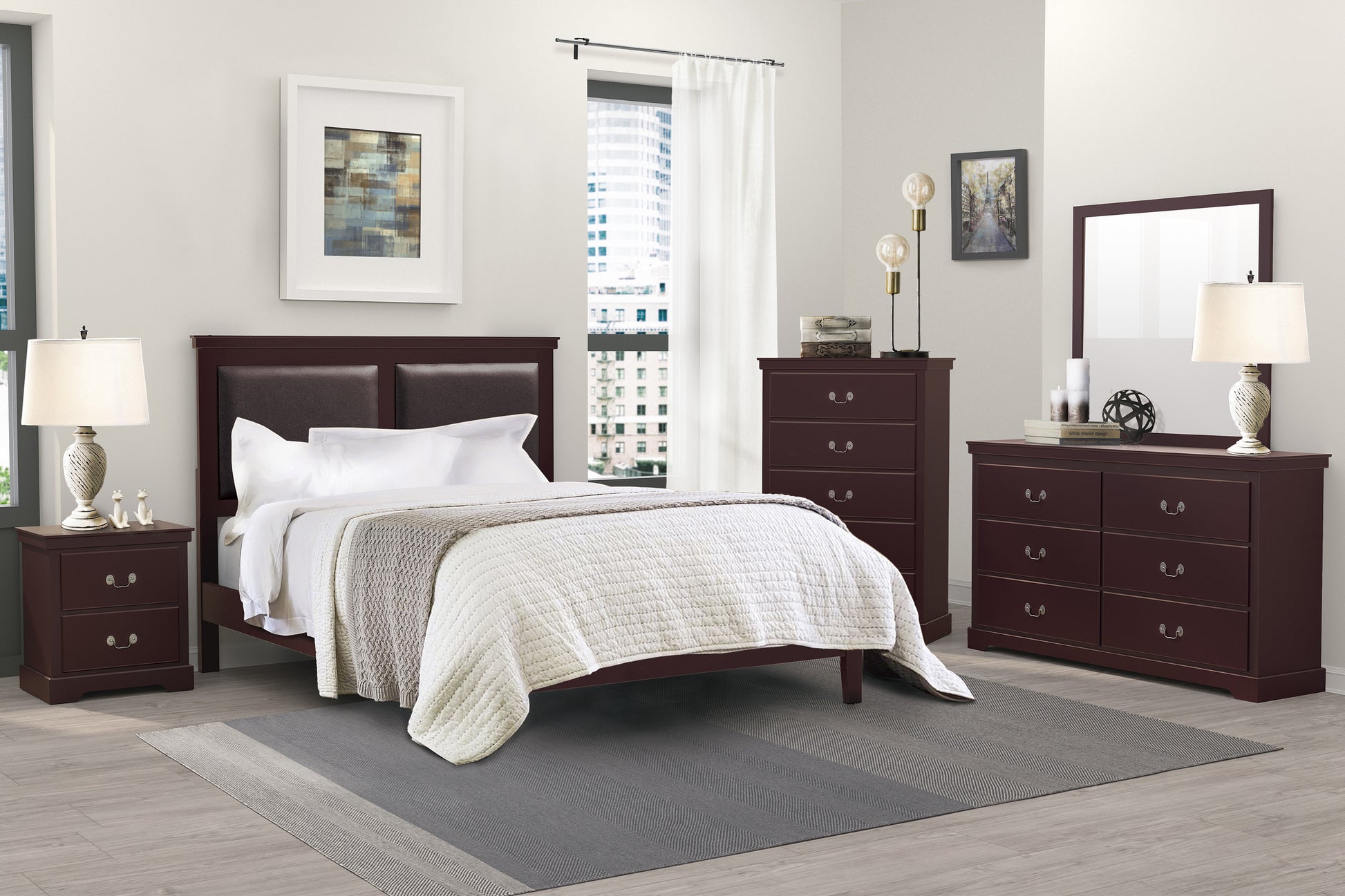 Queen size mahogany sleigh bed with tufted headboard