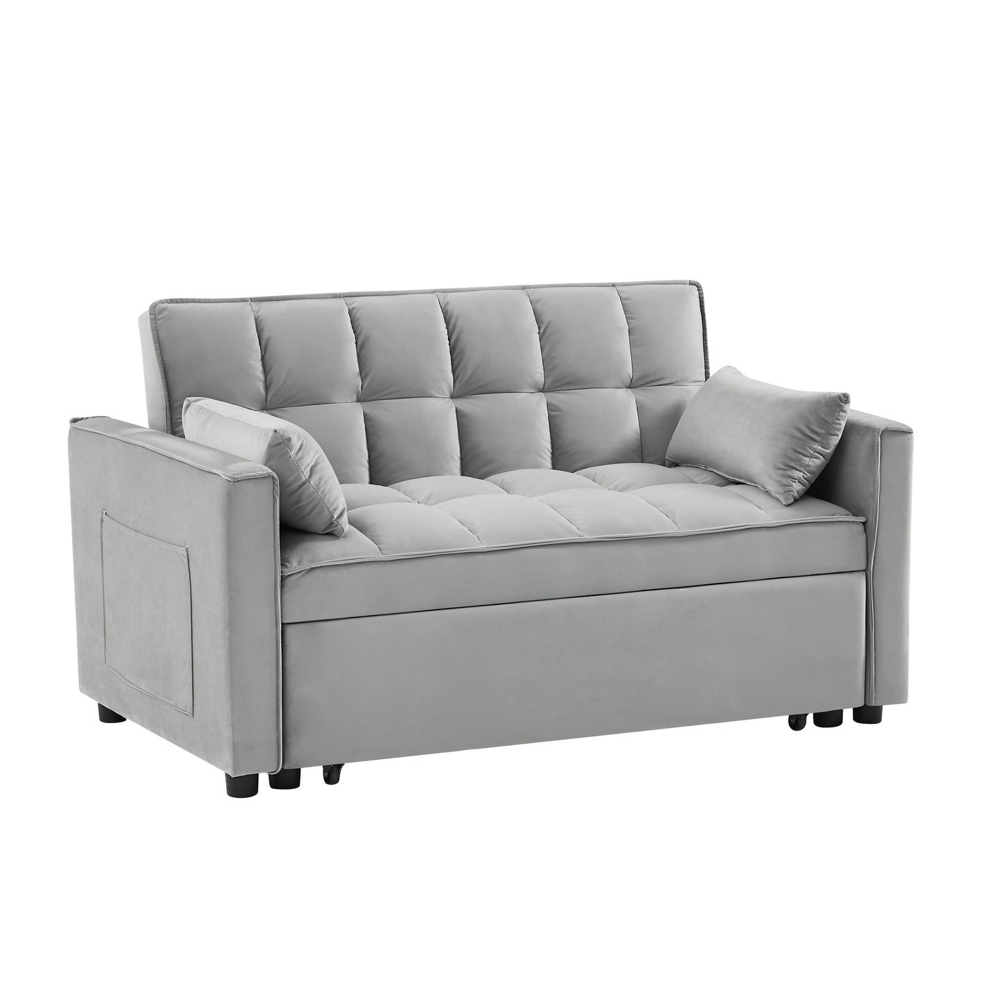 Plush gray velvet futon sofa with tufted back and seat cushions for small spaces