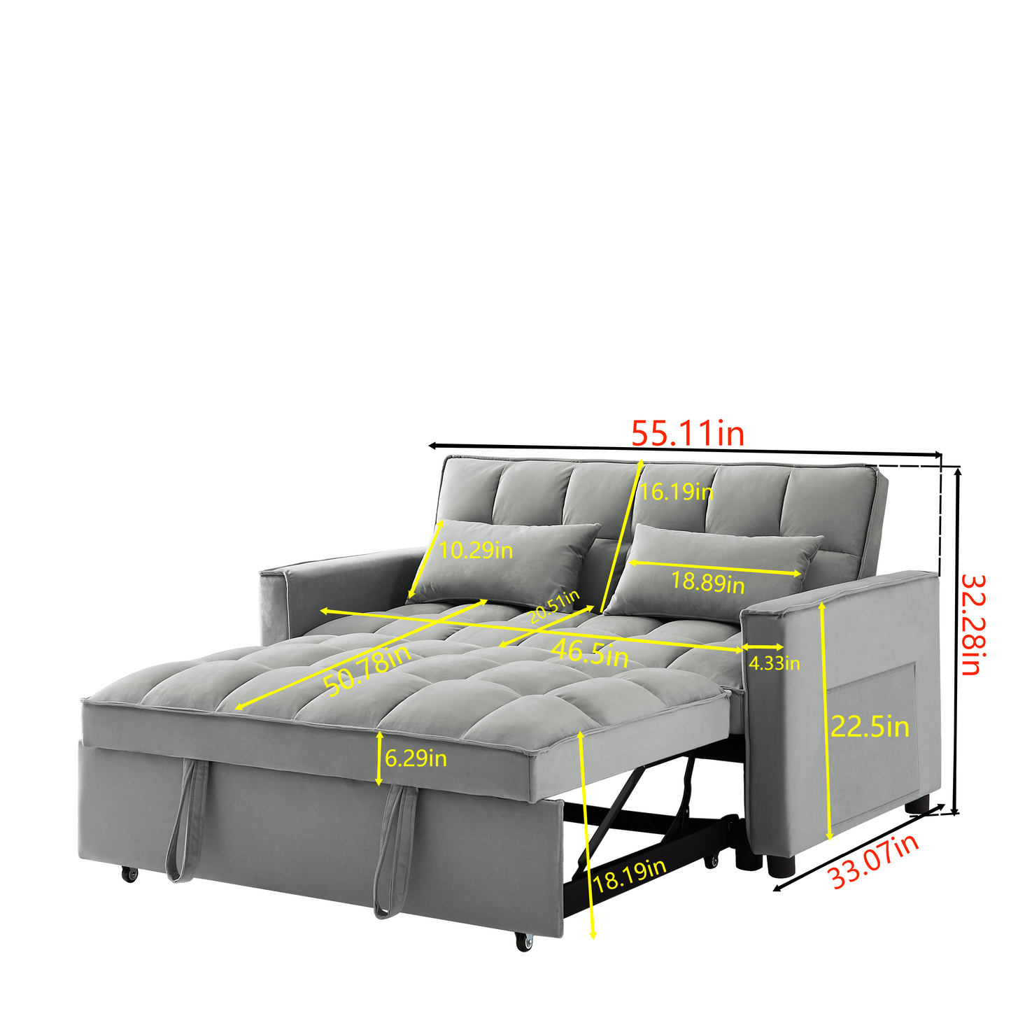 Gray velvet pullout sleeper sofa with tufted cushions and storage ottoman
