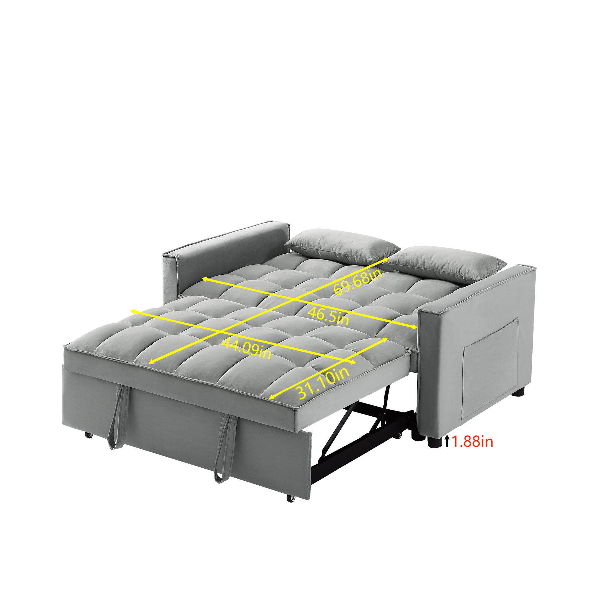 Grey velvet sofa bed with tufted cushions and side storage pocket