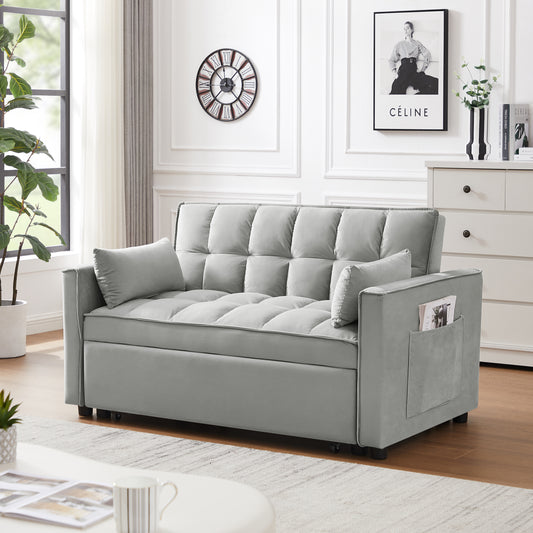 Light grey tufted sofa bed with convenient side pocket for magazines