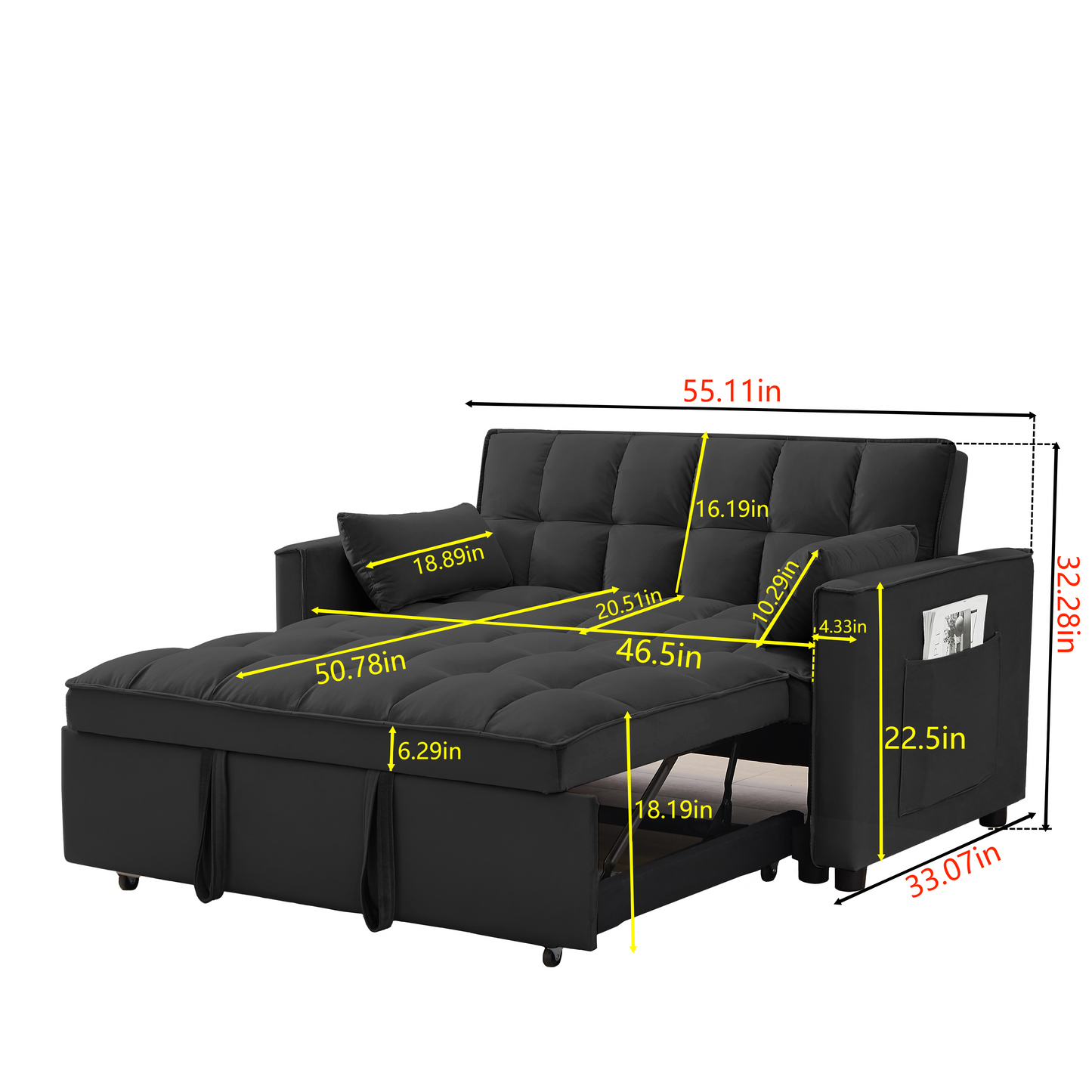 Black convertible sofa with tufted cushions and pullout bed  inches wide