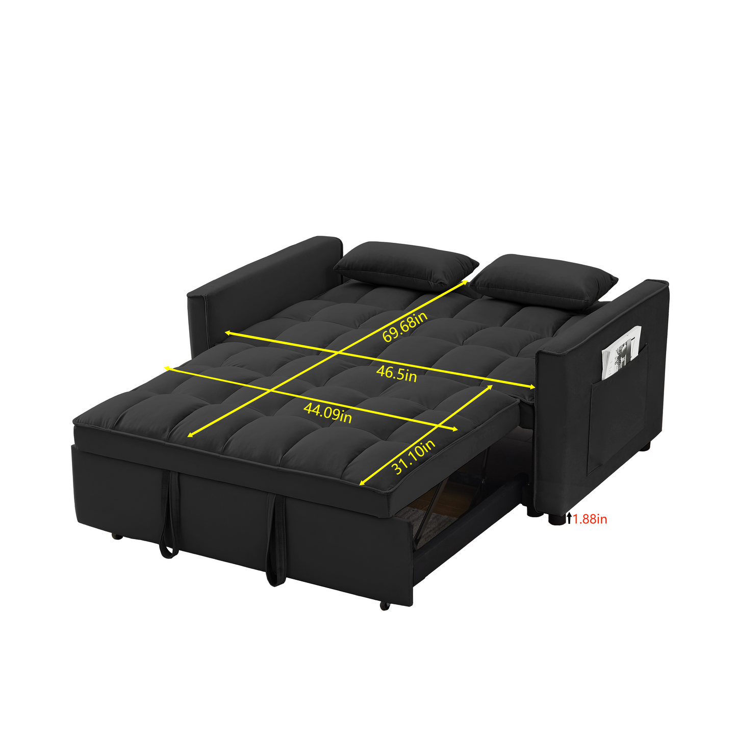 Black convertible sofa bed with tufted cushions and side storage pockets