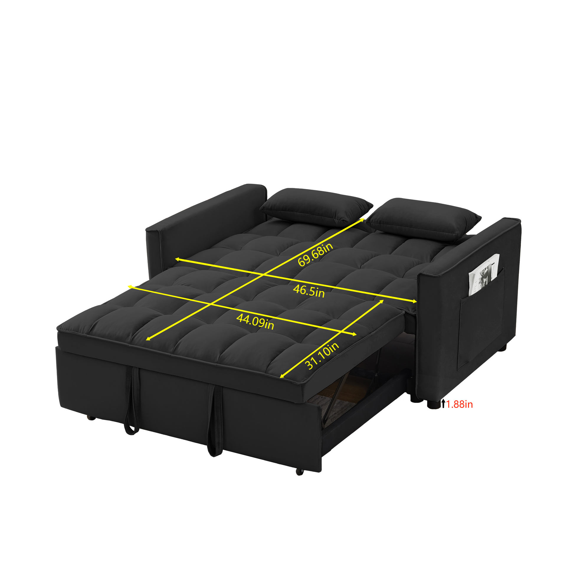 Black convertible sofa bed with tufted cushions and side storage pockets