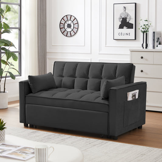 TREATLIFE HOME Modern Convertible Velvet Loveseat Futon Sofa Bed with Reclining Backrest and Pillows, Space Saving Design, Black