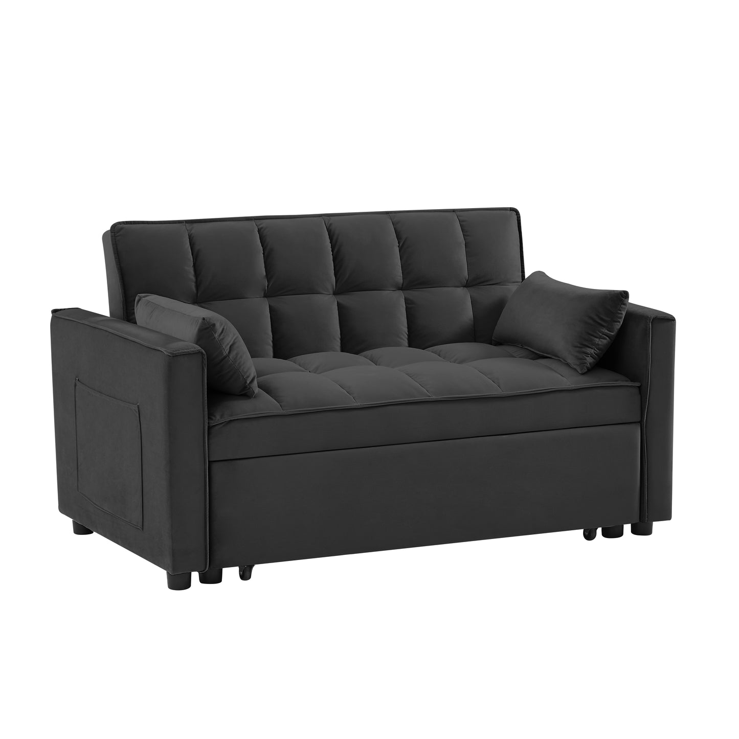 Black tufted futon sofa with two accent pillows and side pocket storage