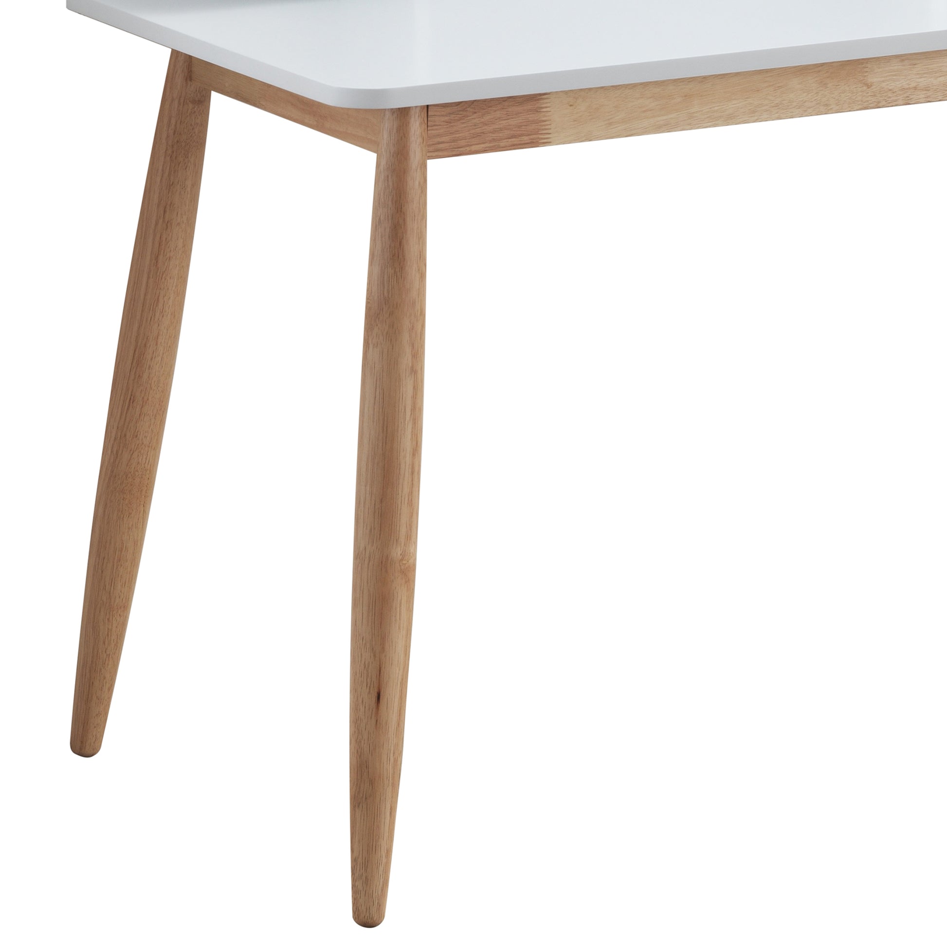 Closeup of white tabletop and tapered wooden legs on a modern side table