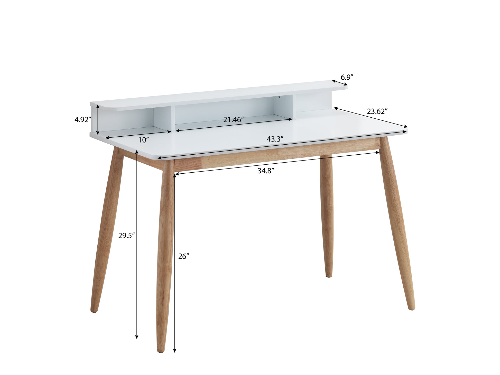 White modern writing desk with three open shelves and tapered wooden legs