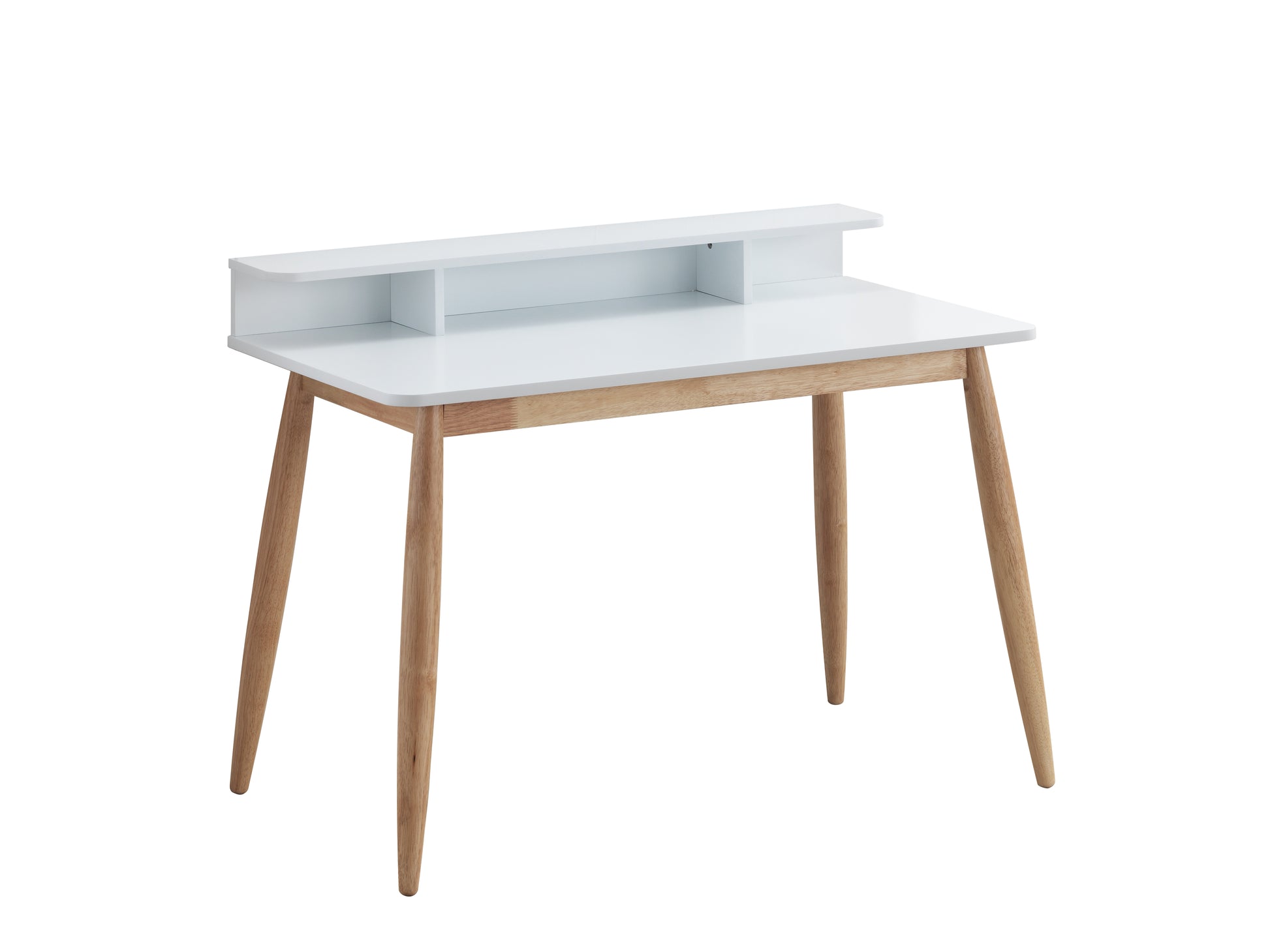 White wooden writing desk with midcentury modern tapered legs and dual open storage compartments