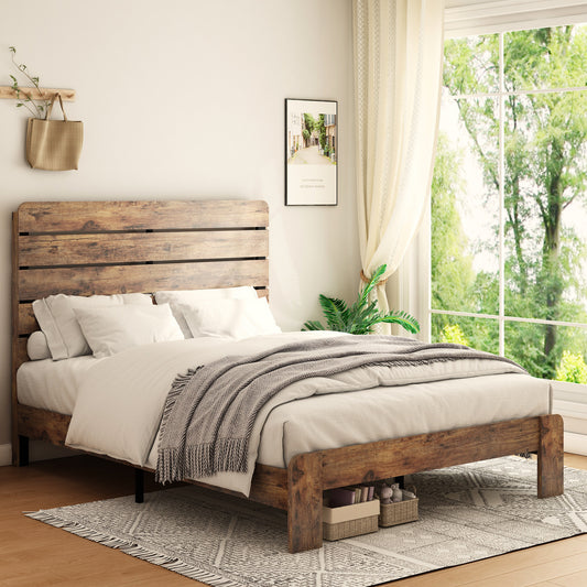 Rustic wood plank king bed frame with white bedding and a grey throw blanket