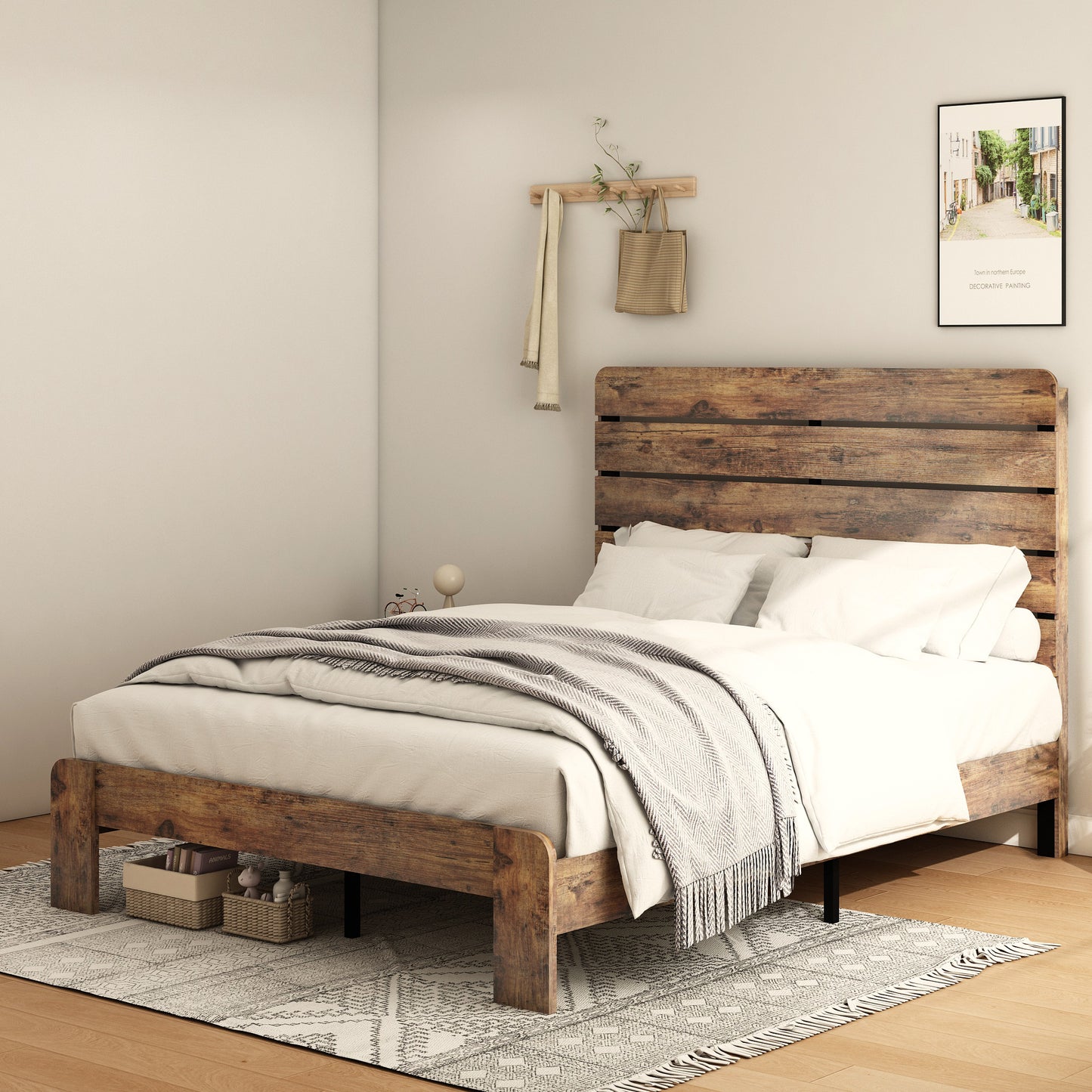 Rustic wooden platform bed frame with slatted headboard