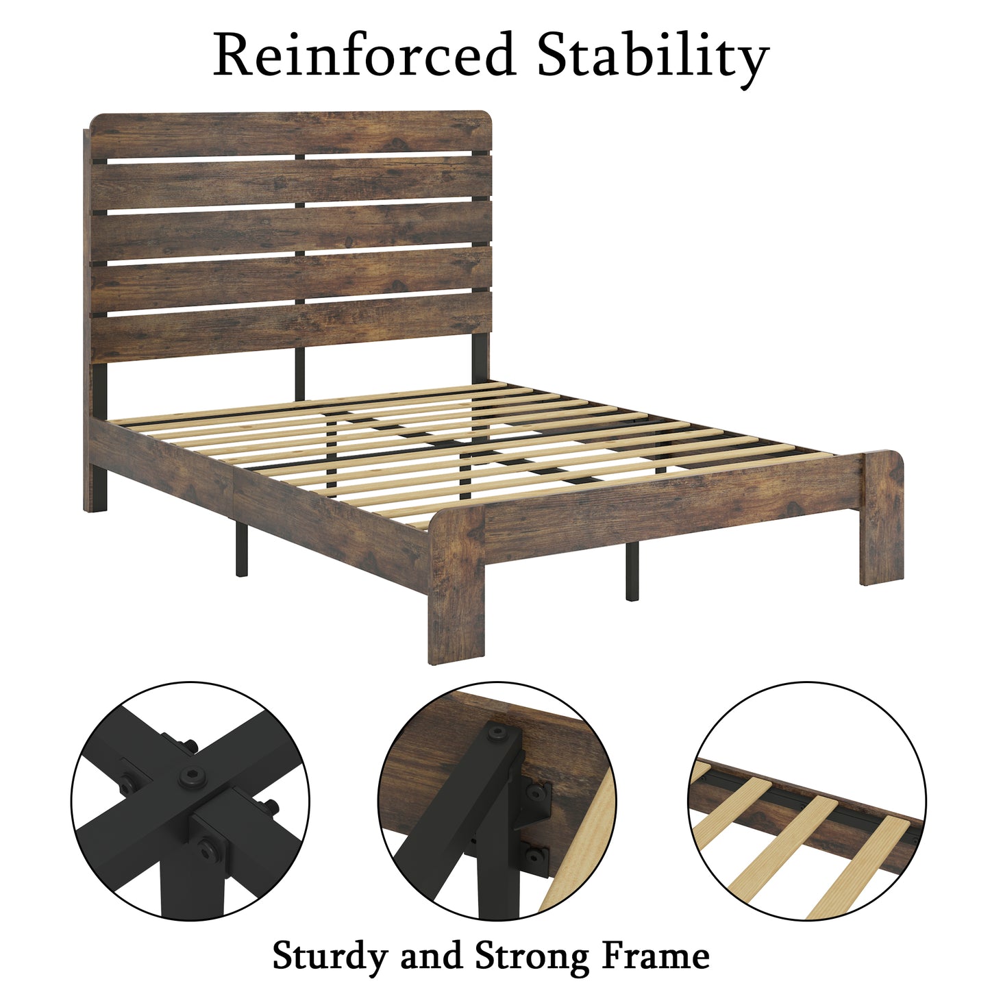 Rustic wood platform bed frame with a horizontal slat headboard and sturdy metal legs