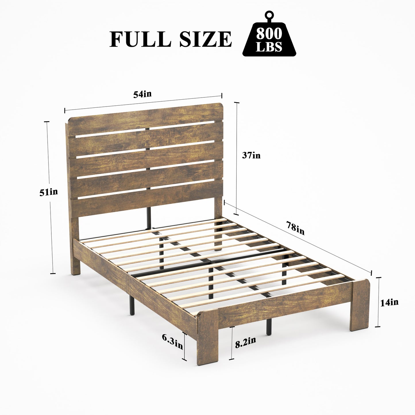 Rustic wood full size bed frame with slatted headboard and platform support