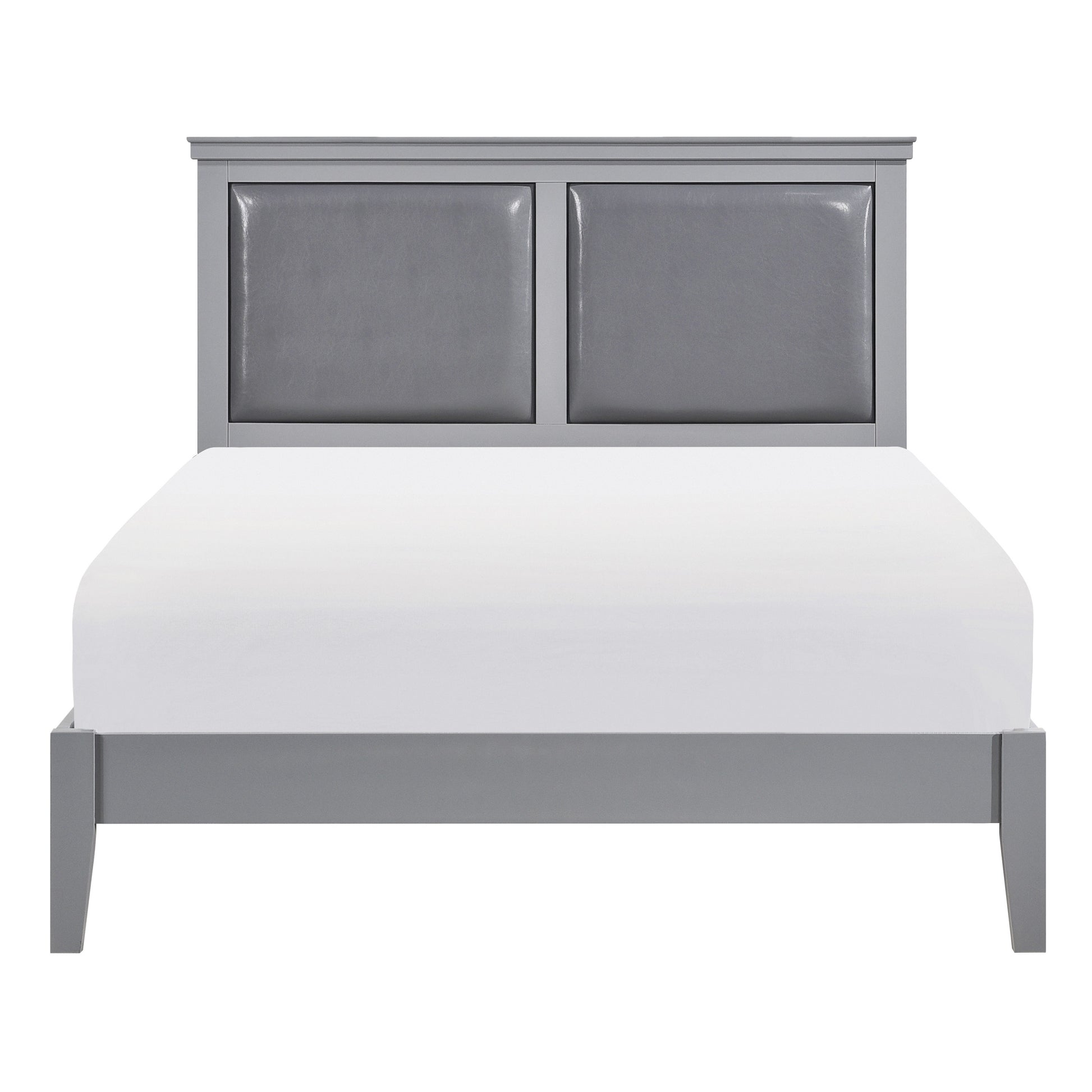 Gray upholstered headboard with clean lines on modern bed frame