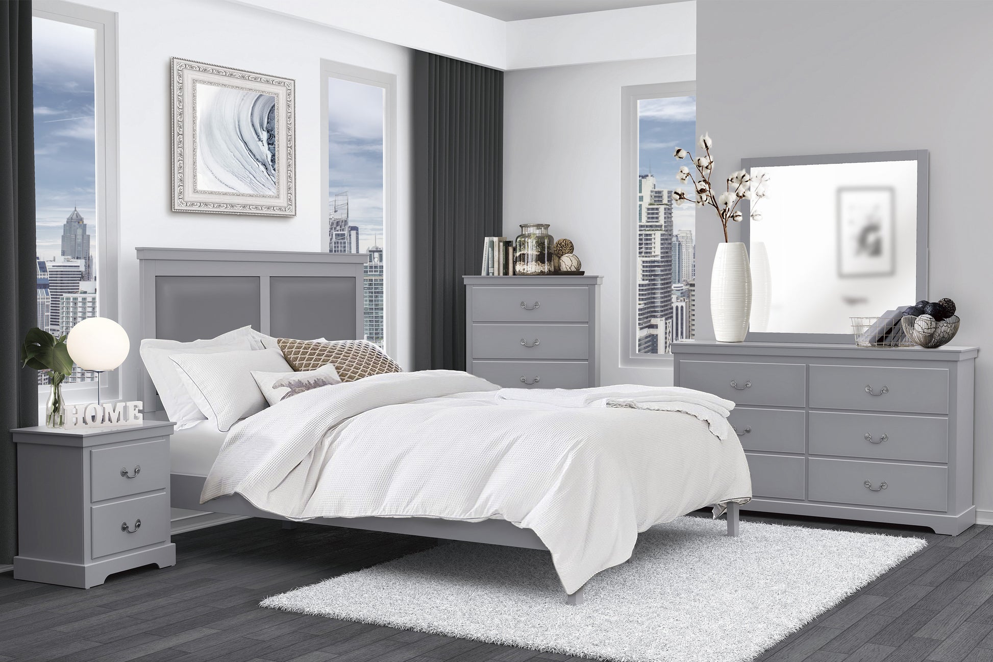 Gray wood bedroom set with white bedding and modern decor