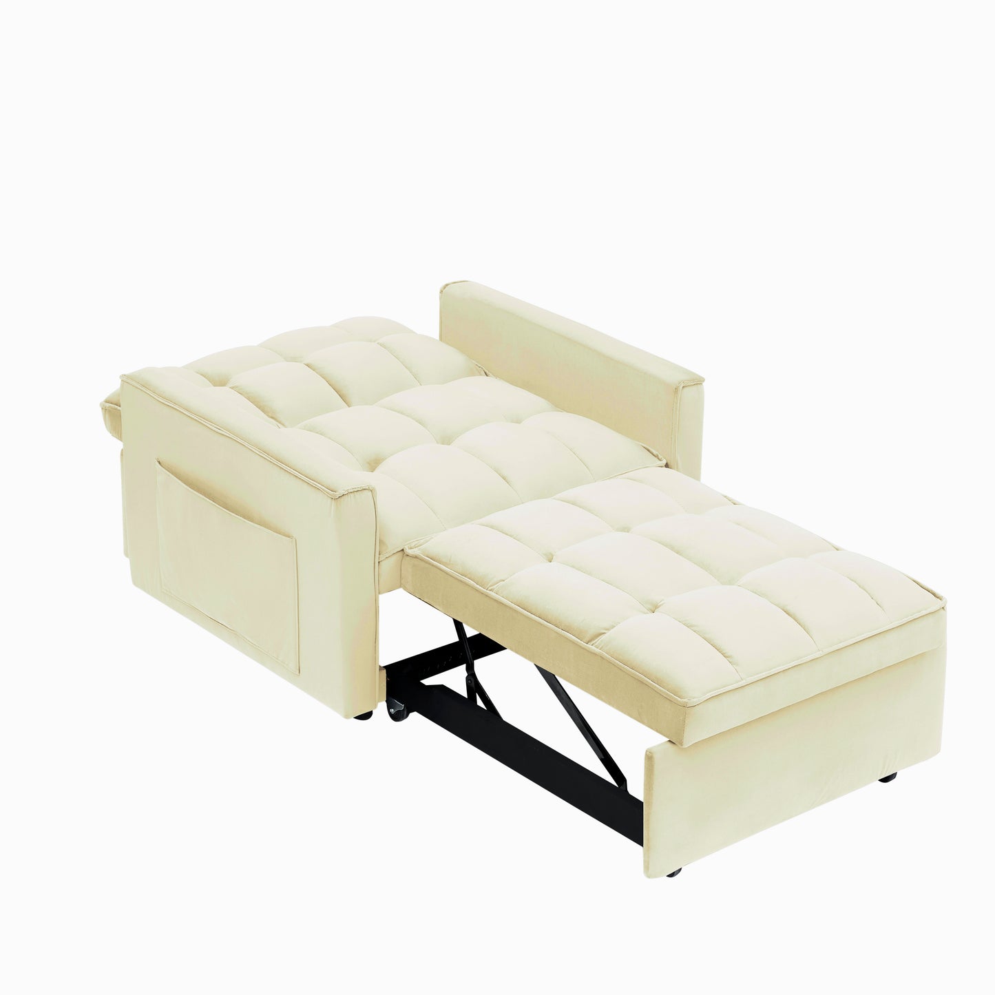 Cream velvet convertible armchair with tufted cushions and pullout ottoman