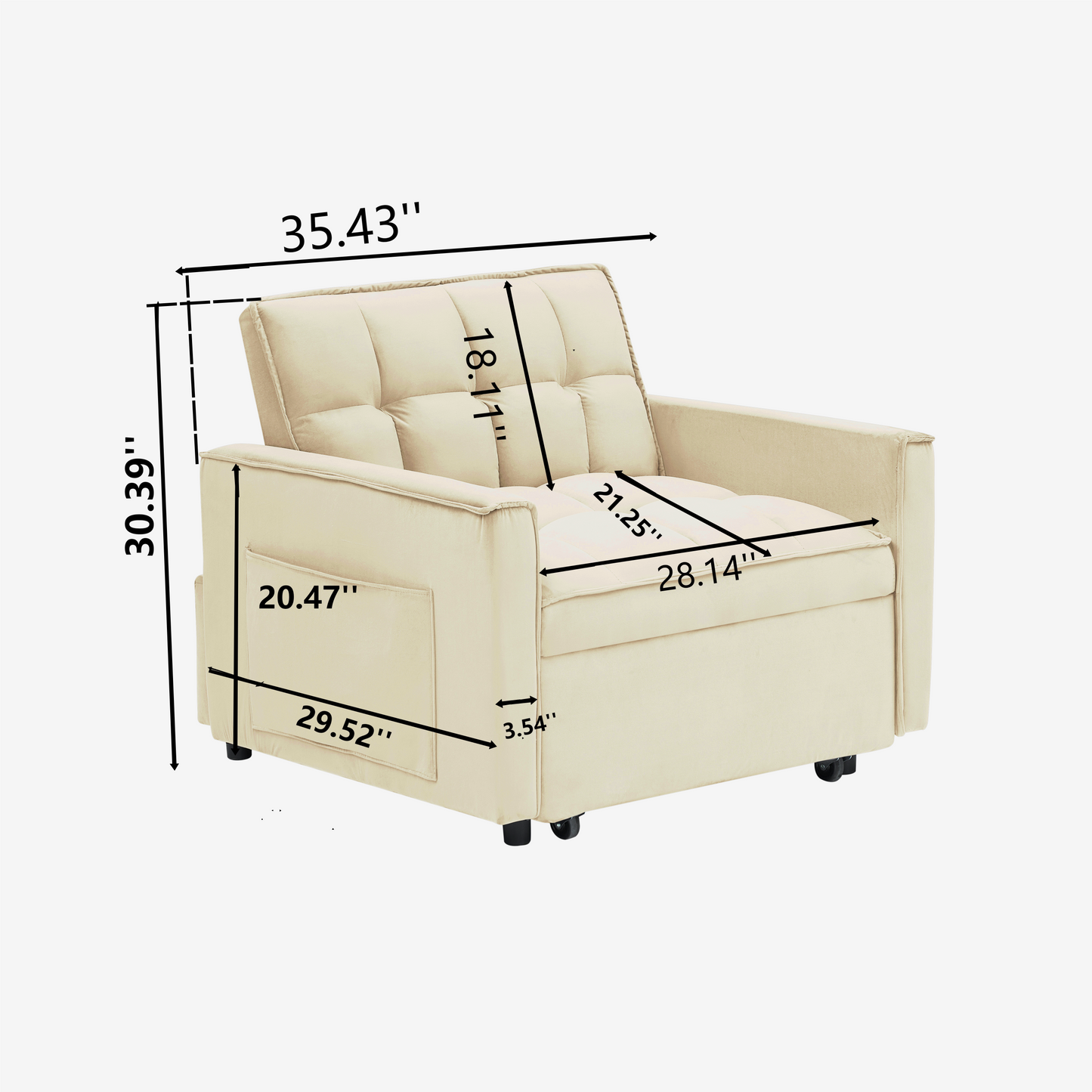 Cream velvet sofa bed with tufted seat featuring side pockets and casters