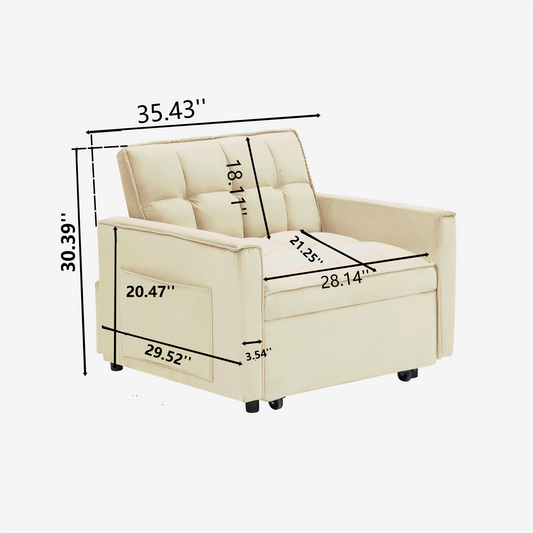 Cream velvet sofa bed with tufted seat featuring side pockets and casters