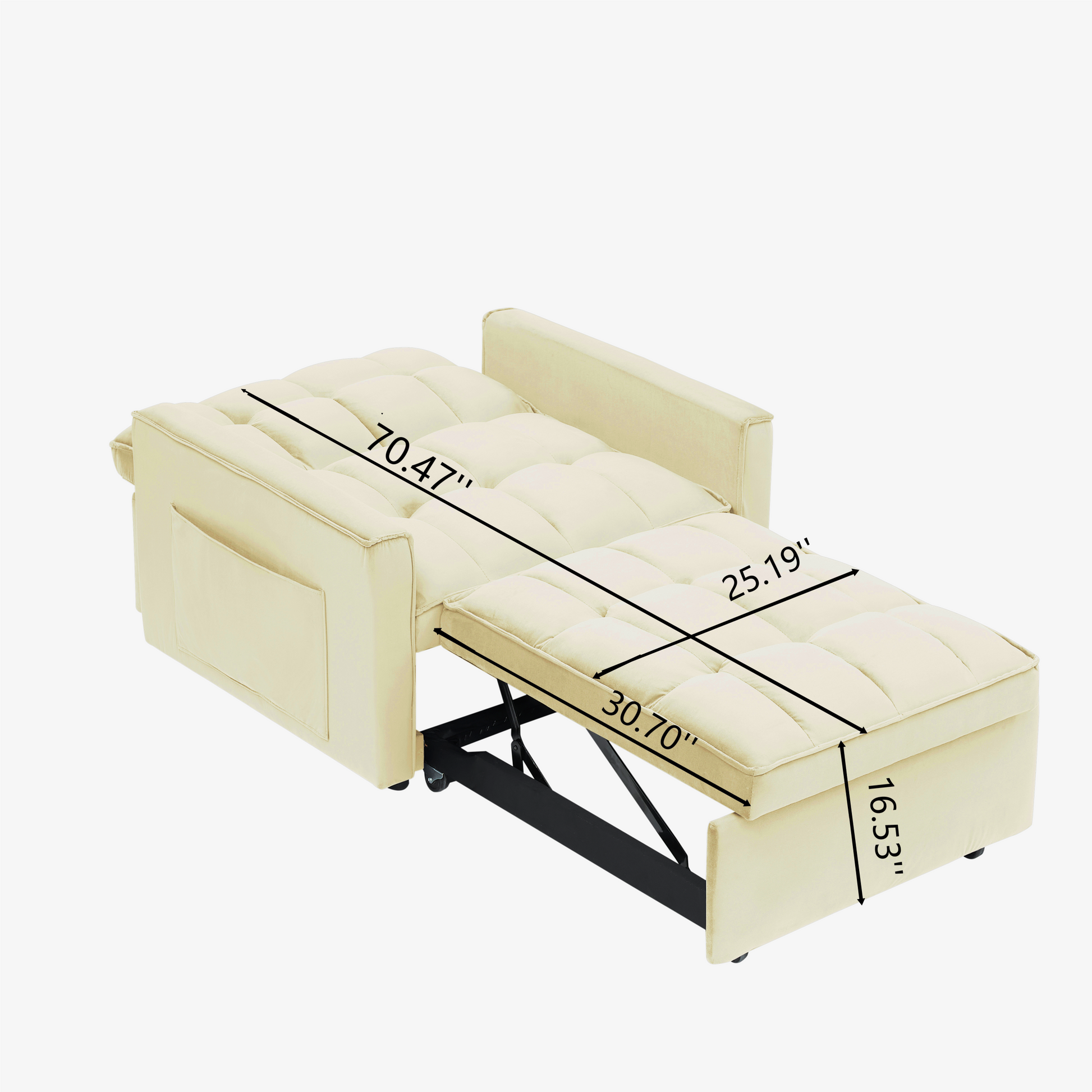 Cream tufted sleeper sofa with pullout bed extended showing dimensions