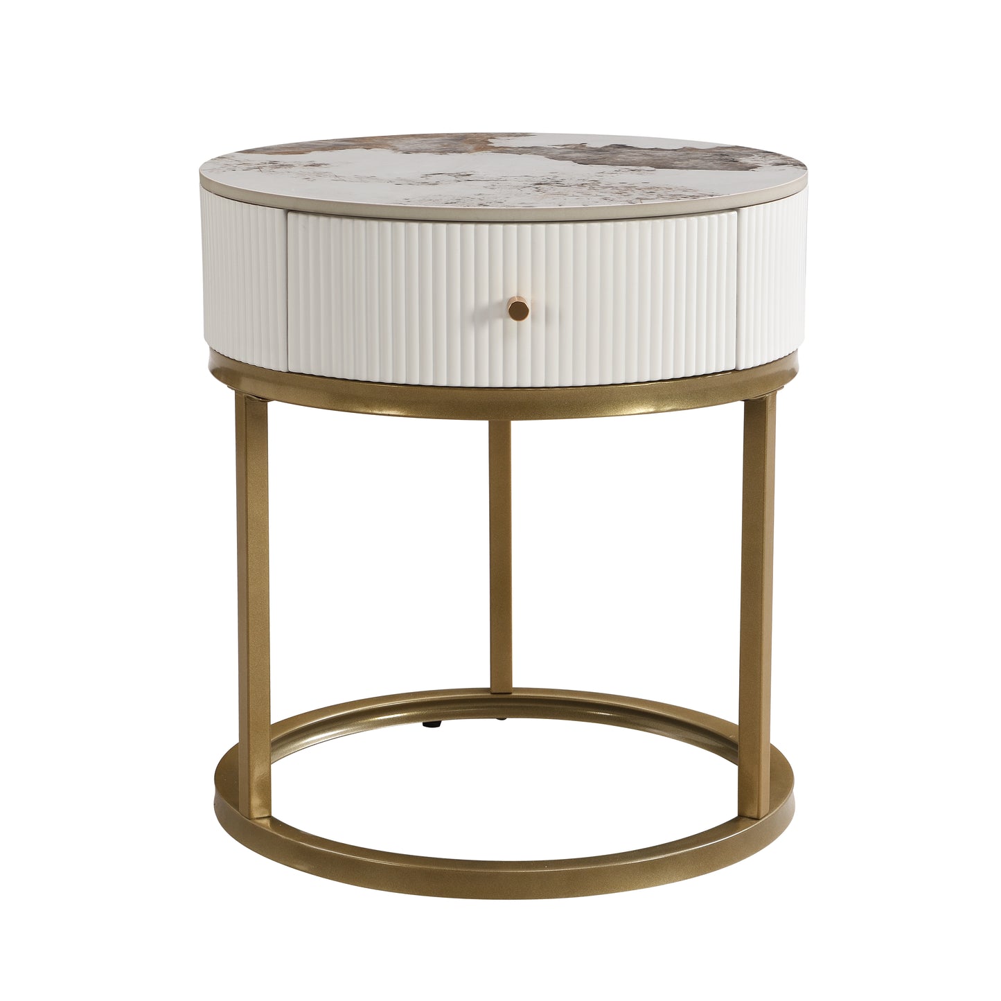 Round white fluted nightstand with marblelook top and gold metal legs