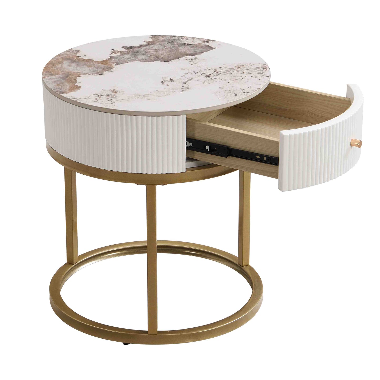 Round white bedside table with marblepatterned top and fluted drawer