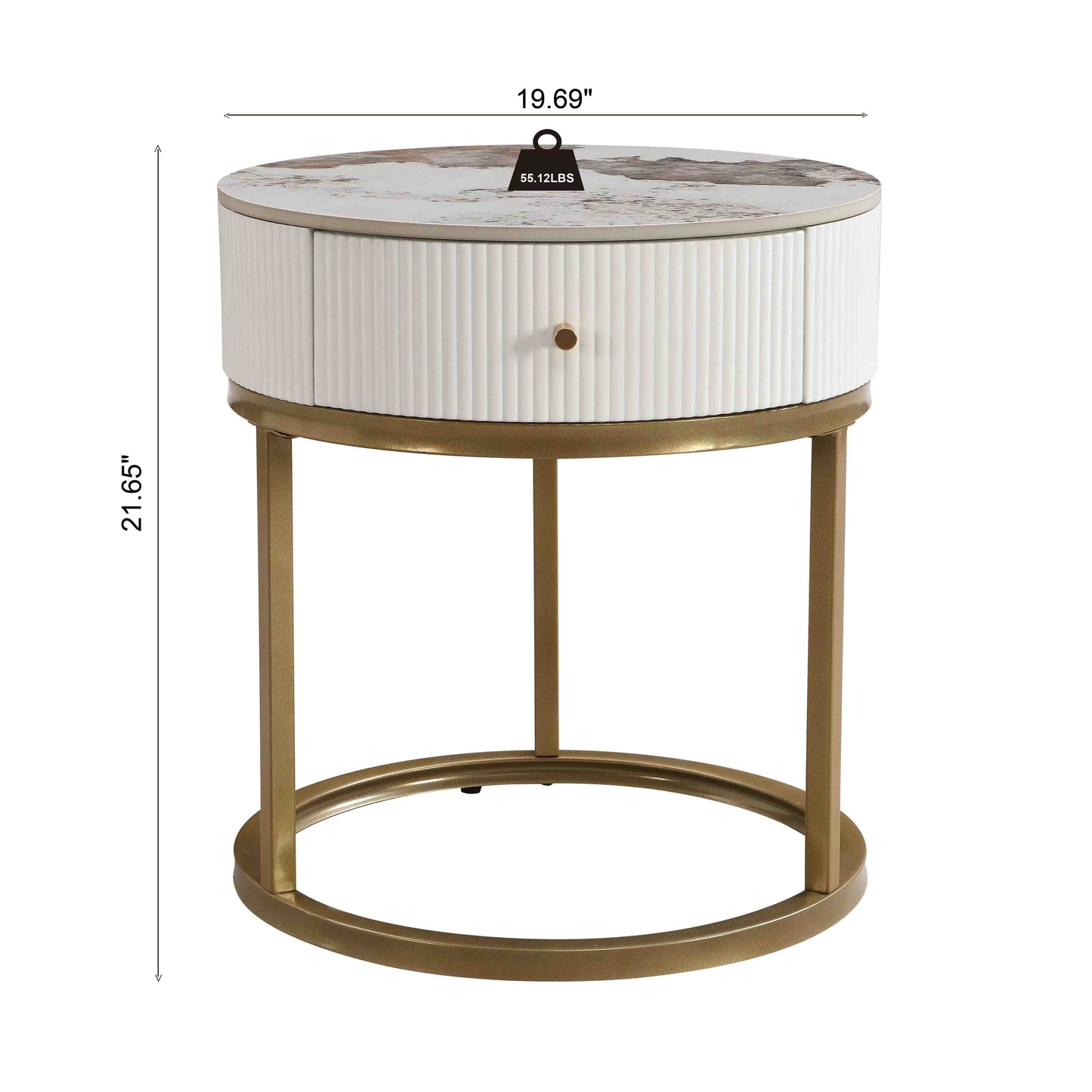 Round white fluted accent table with marble top and gold base