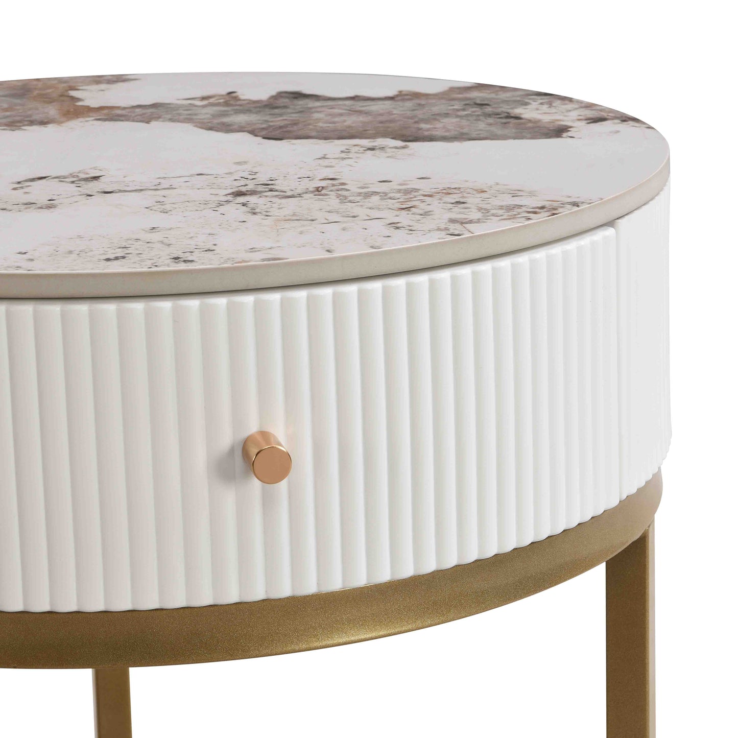 Round white side table with fluted detail marble top and gold base