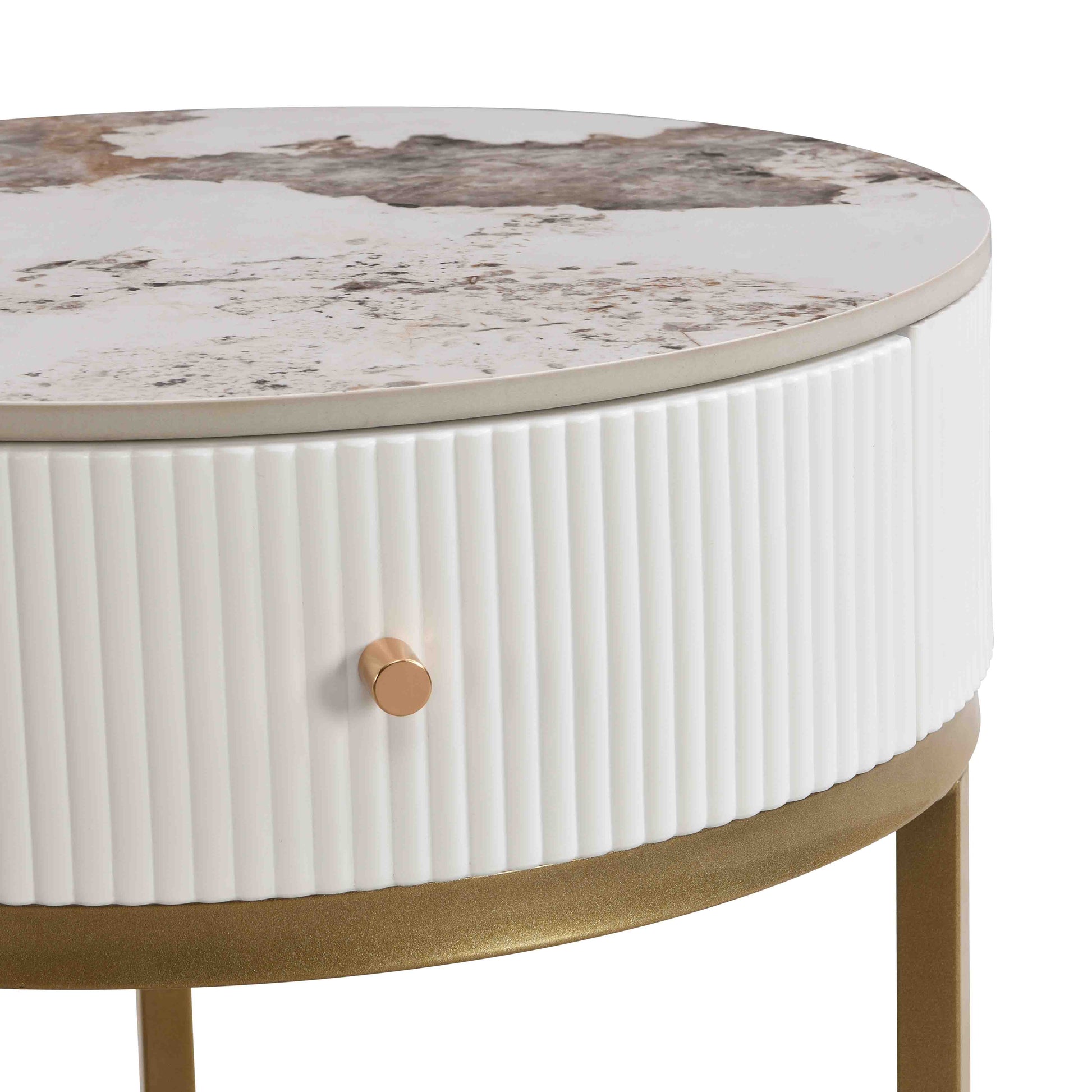 Round white side table with fluted detail marble top and gold base