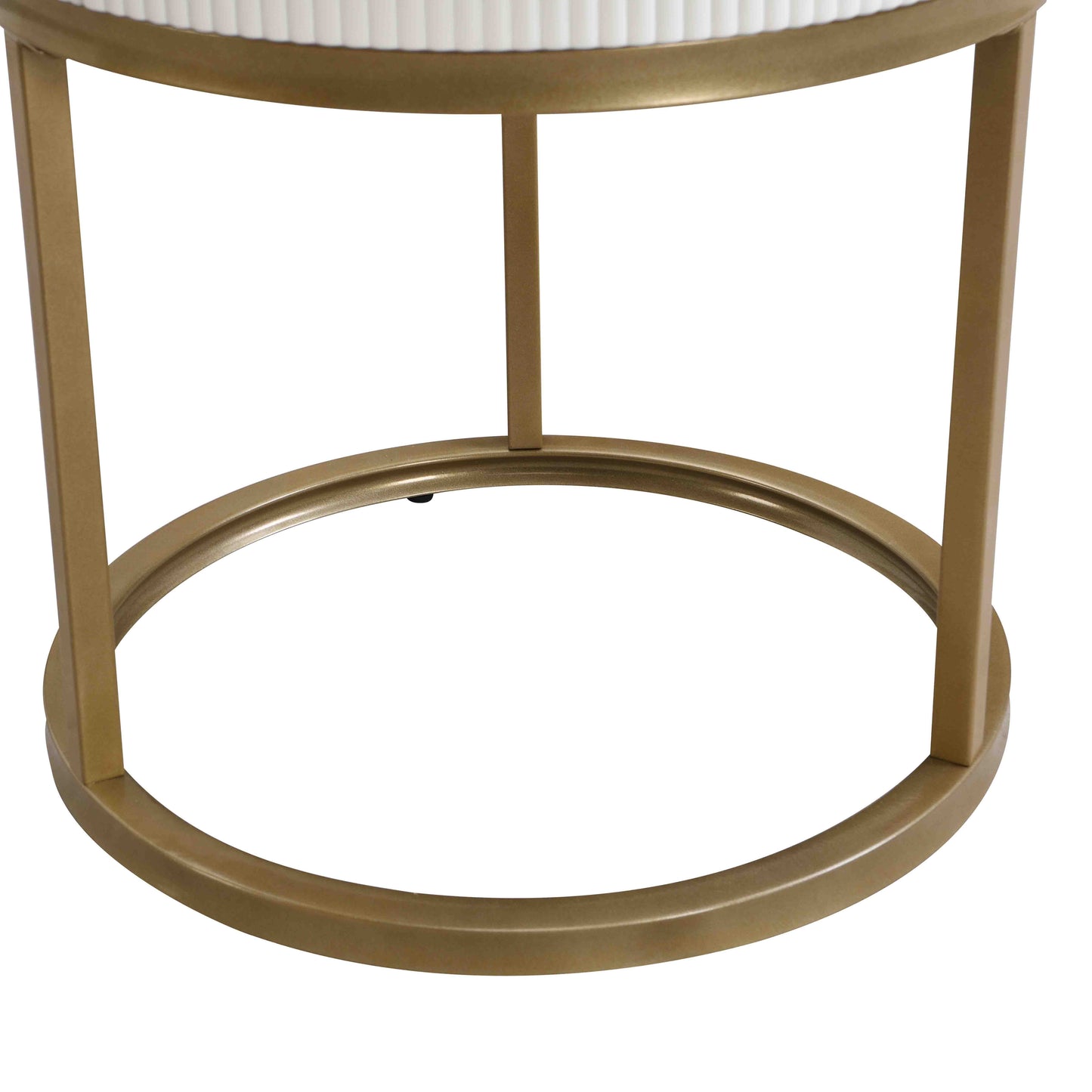 Closeup of a gold metal accent table base with fluted white top Modern
