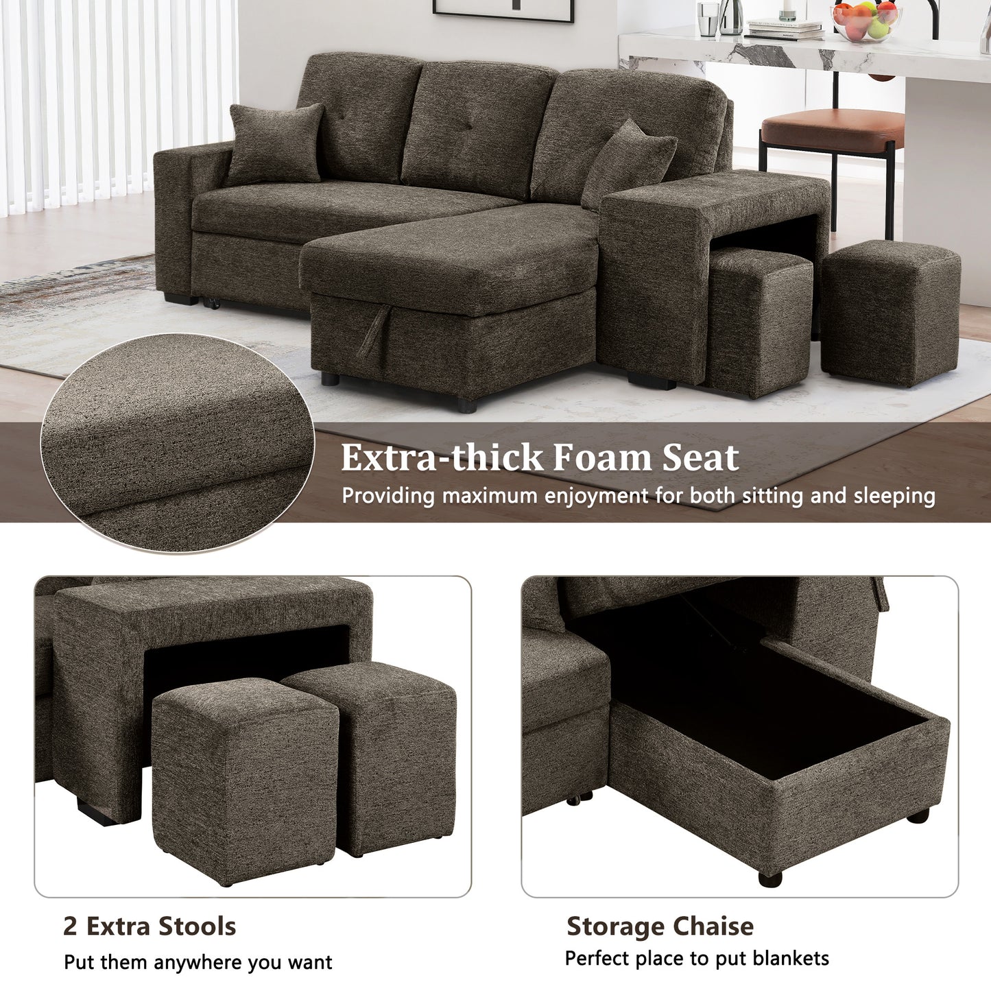 Dark grey fabric sectional sofa with storage chaise and two extra stools