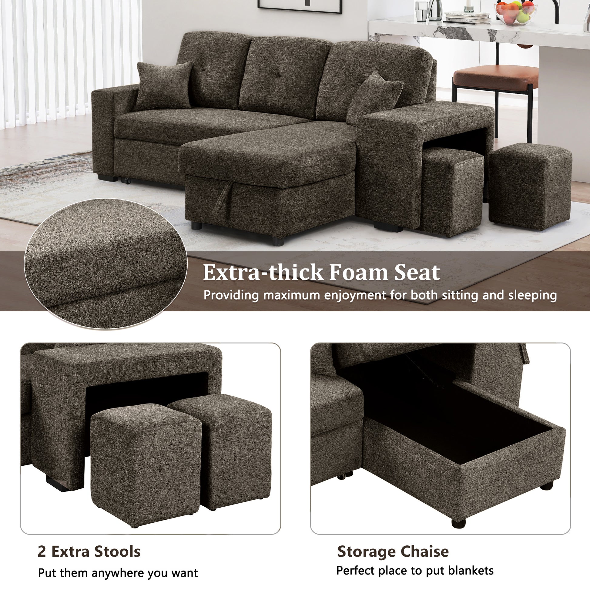 Dark grey fabric sectional sofa with storage chaise and two extra stools