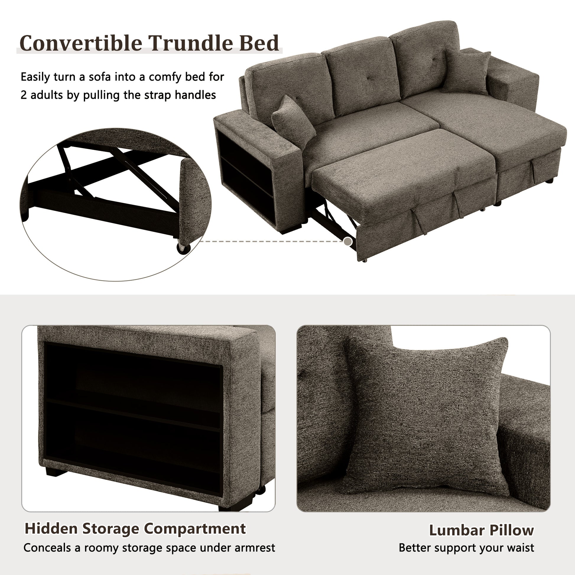 Grey fabric convertible trundle bed sofa with pullout storage and accent pillows