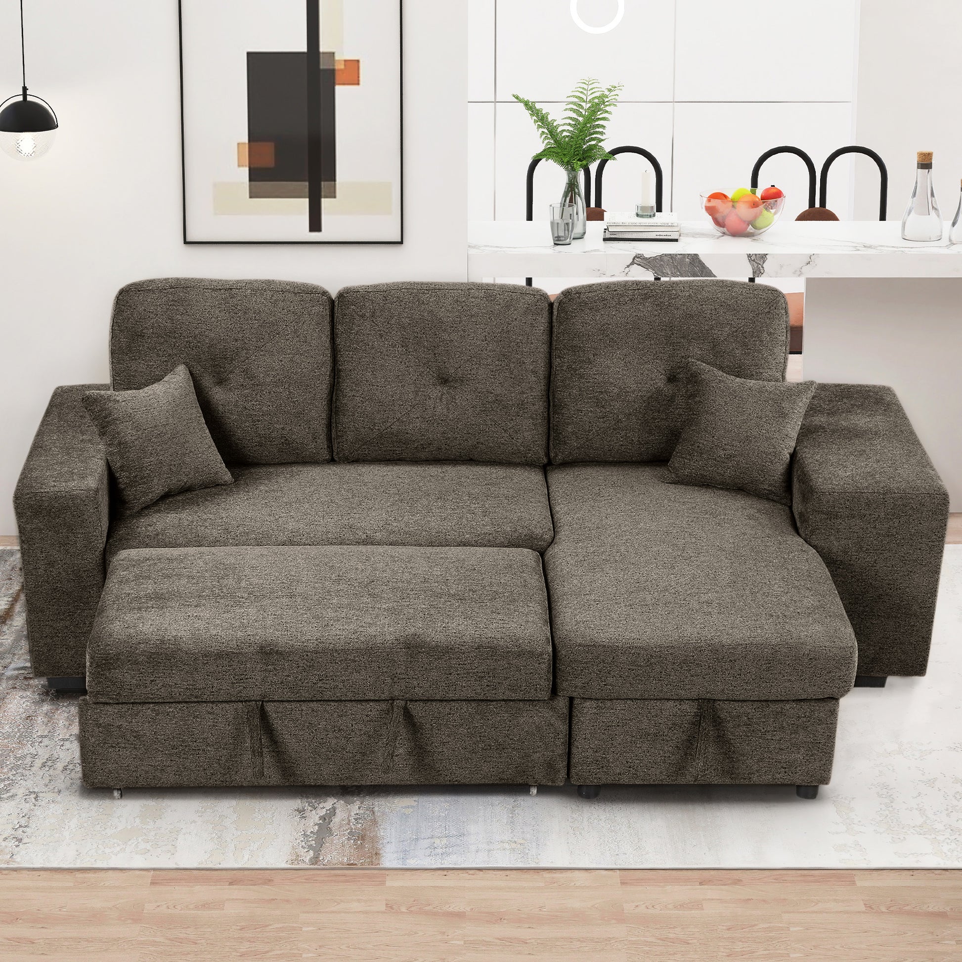 Dark gray textured fabric sectional sofa with chaise and hidden storage