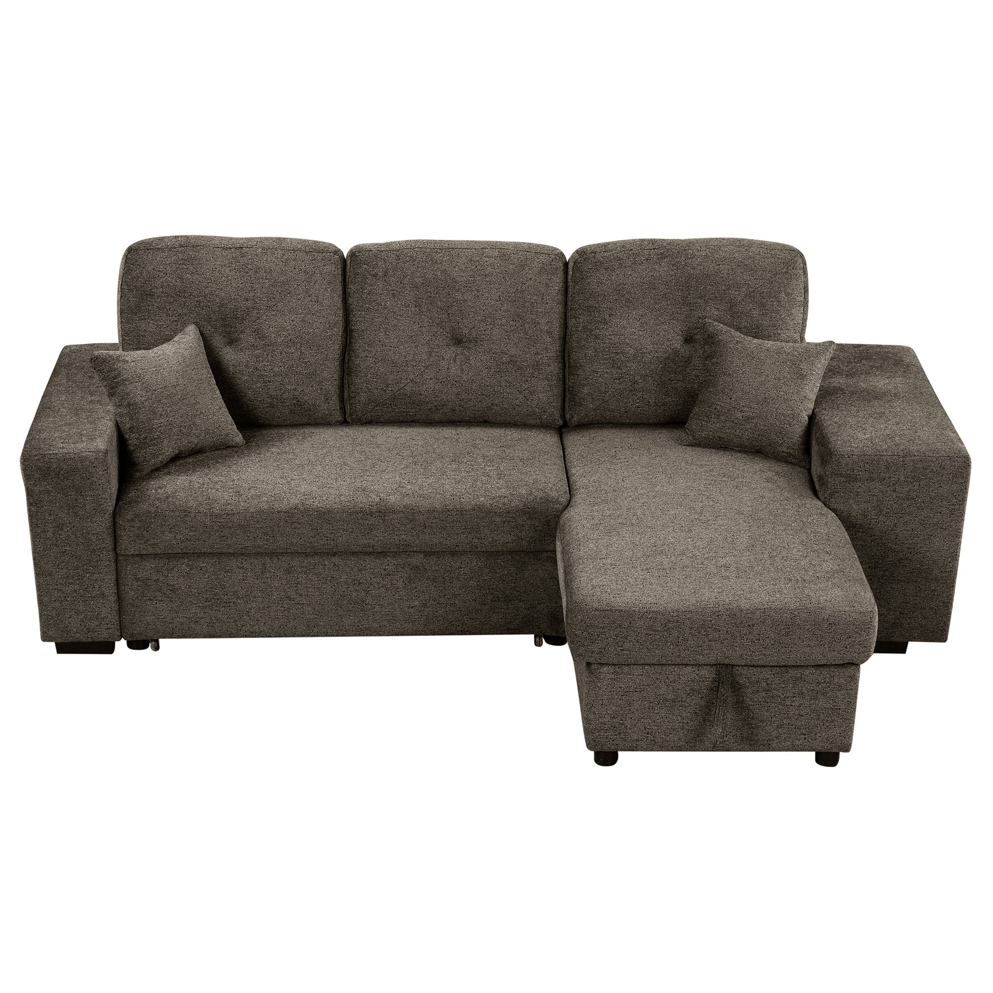 Dark grey fabric sectional sofa with chaise lounge and tufted cushions
